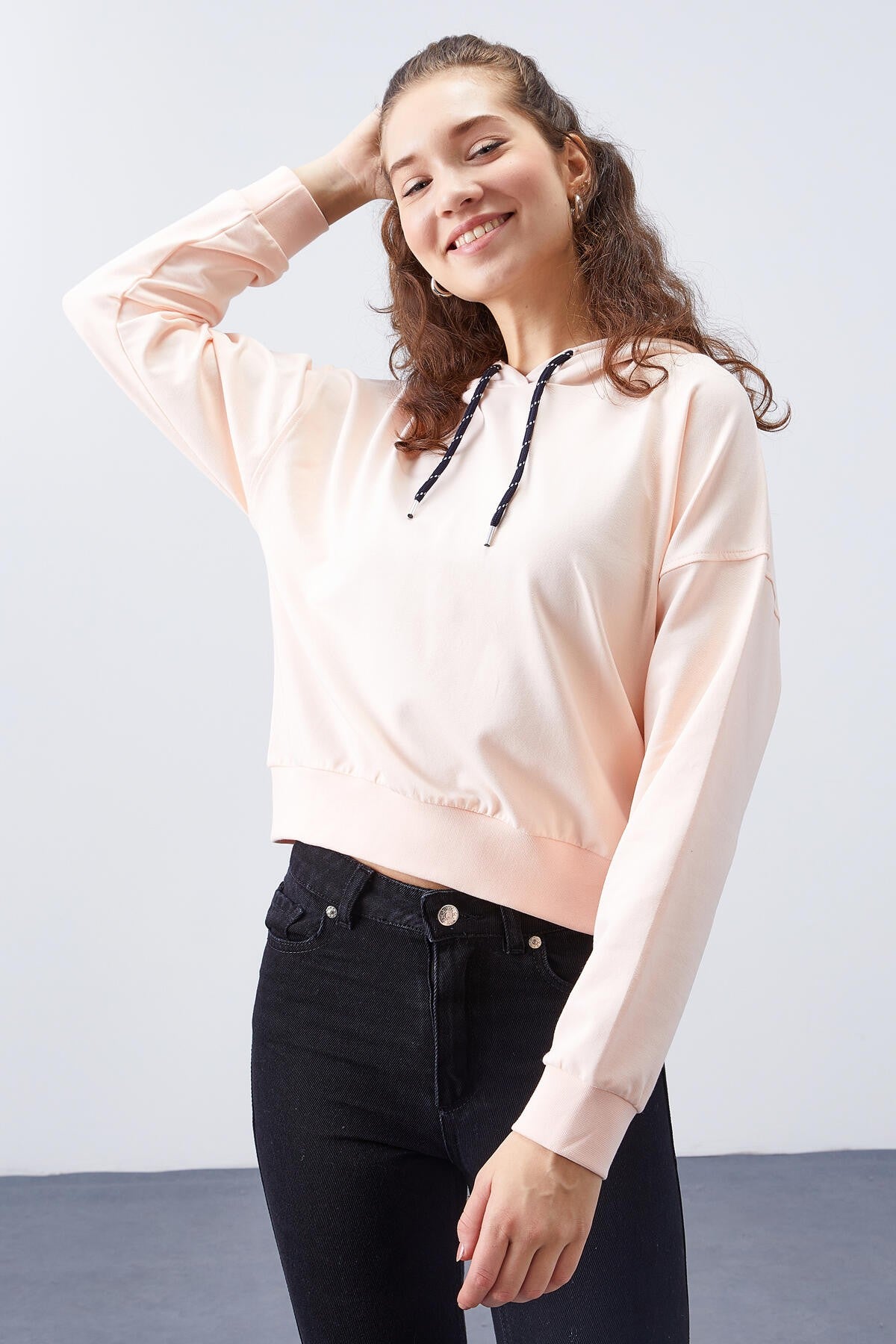 Somon Uzun Kol Rahat Form Kapüşonlu Kadın Sweatshirt - 97115