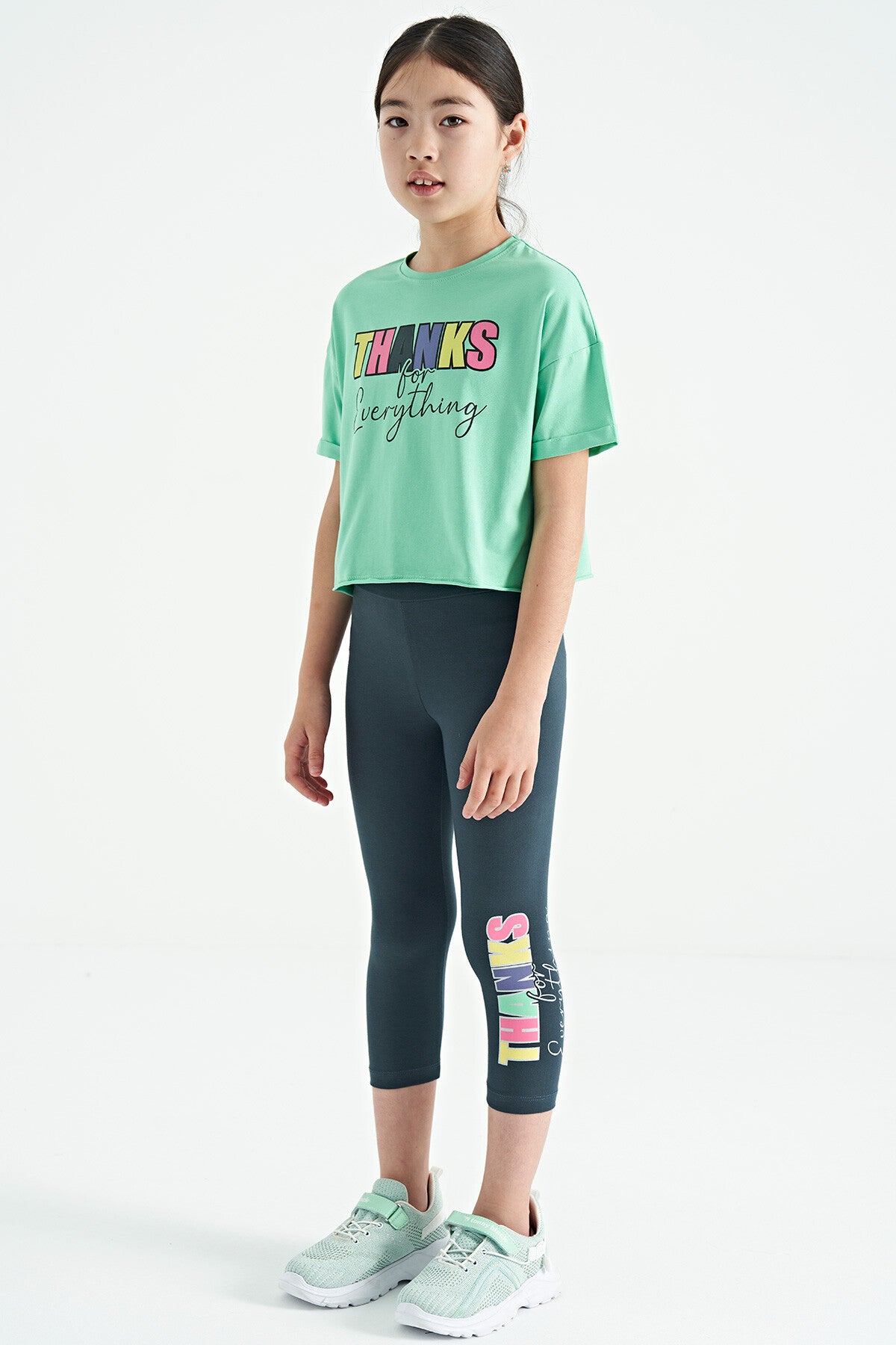 Su Yeşil - Orman Yeşil Yazı Baskılı Oversize Kız Çocuk Crop Tayt Takım - 75133