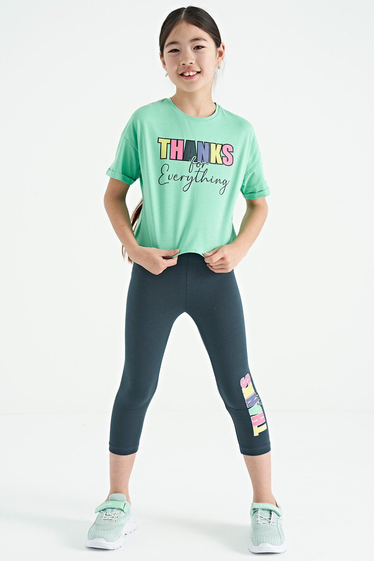 Su Yeşil - Orman Yeşil Yazı Baskılı Oversize Kız Çocuk Crop Tayt Takım - 75133