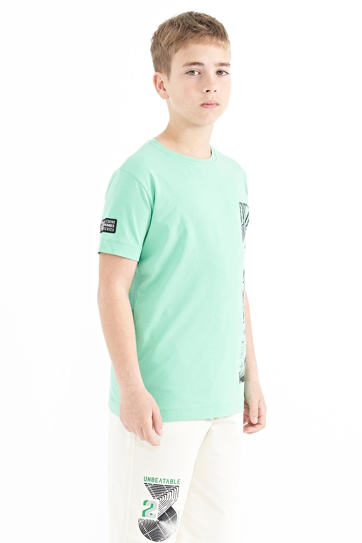 Su Yeşili Baskı Detaylı O Yaka Standart Kalıp Erkek Çocuk T-Shirt - 11104