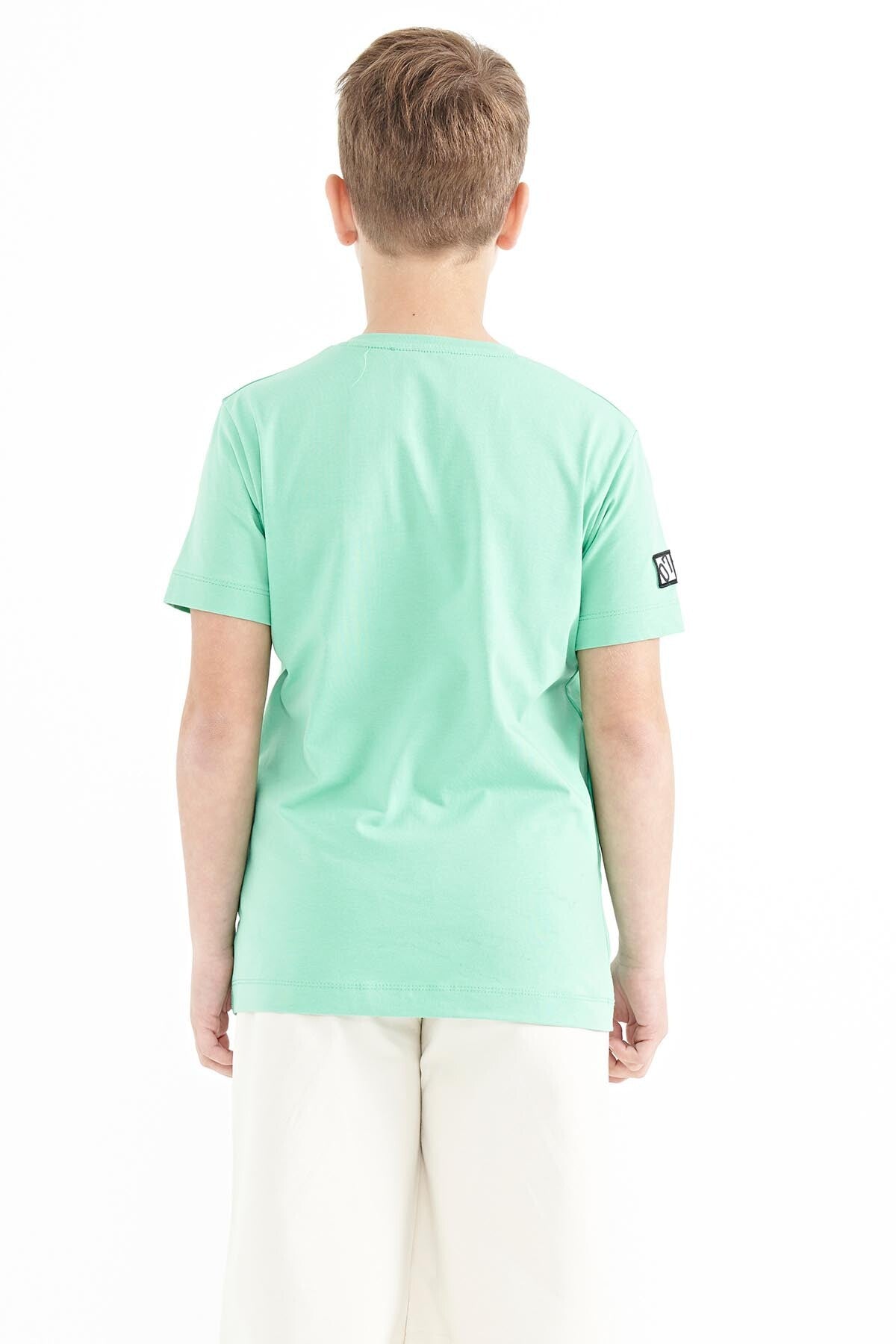 Su Yeşili Baskı Detaylı O Yaka Standart Kalıp Erkek Çocuk T-Shirt - 11104