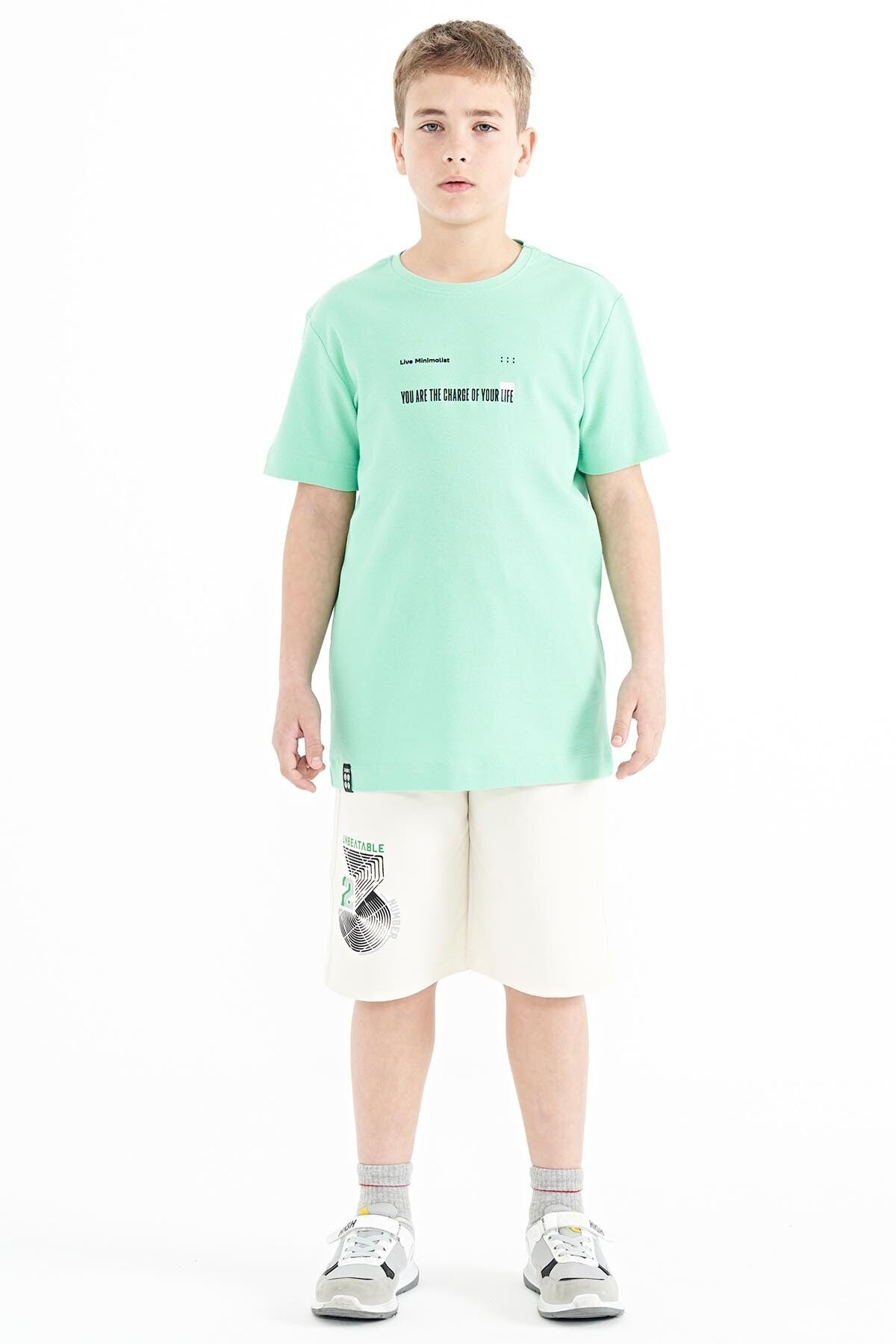 Su Yeşili Baskı Detaylı O Yaka Standart Kalıp Erkek Çocuk T-Shirt - 11117