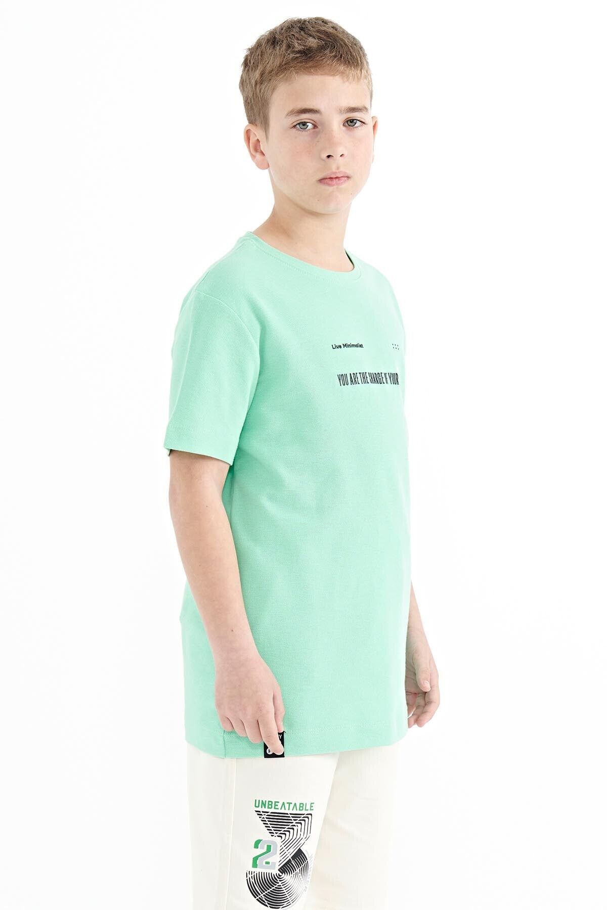 Su Yeşili Baskı Detaylı O Yaka Standart Kalıp Erkek Çocuk T-Shirt - 11117