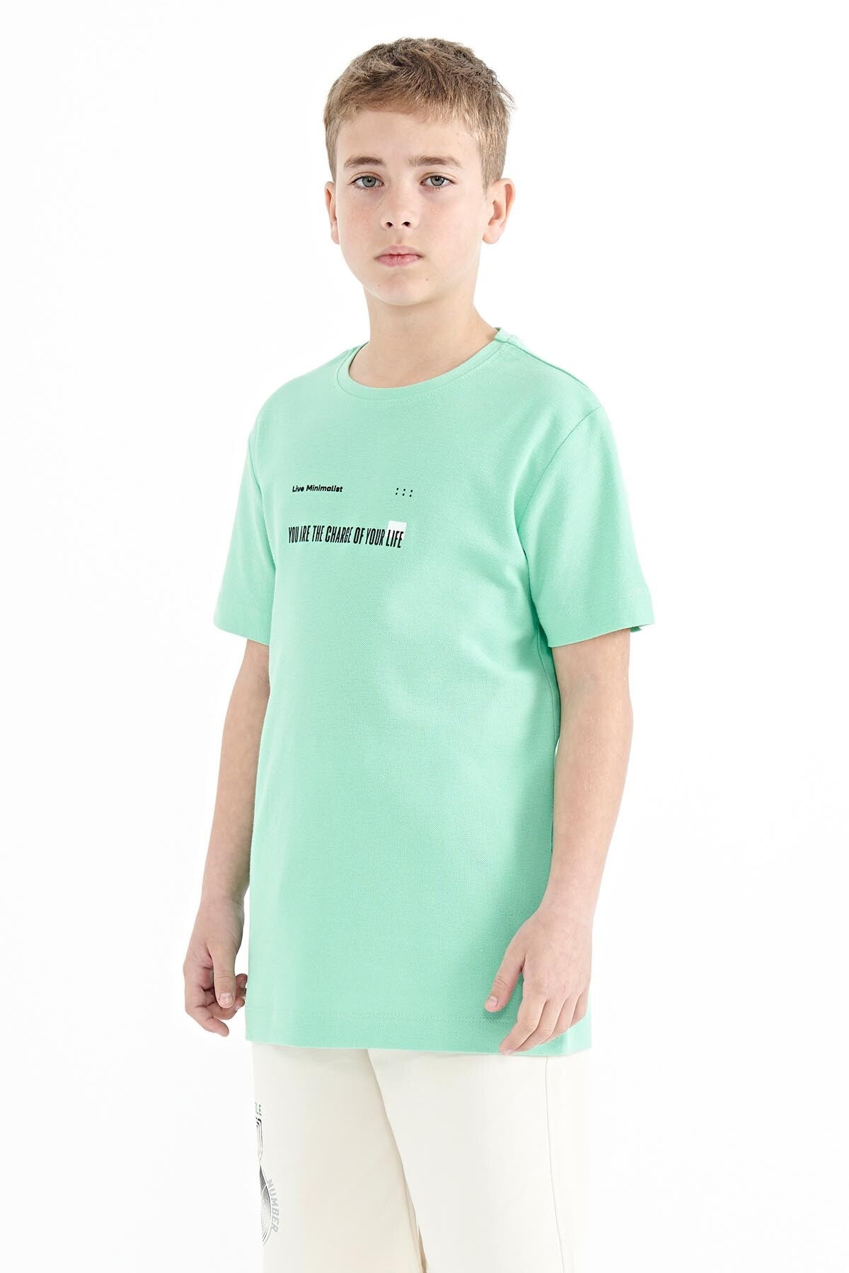Su Yeşili Baskı Detaylı O Yaka Standart Kalıp Erkek Çocuk T-Shirt - 11117