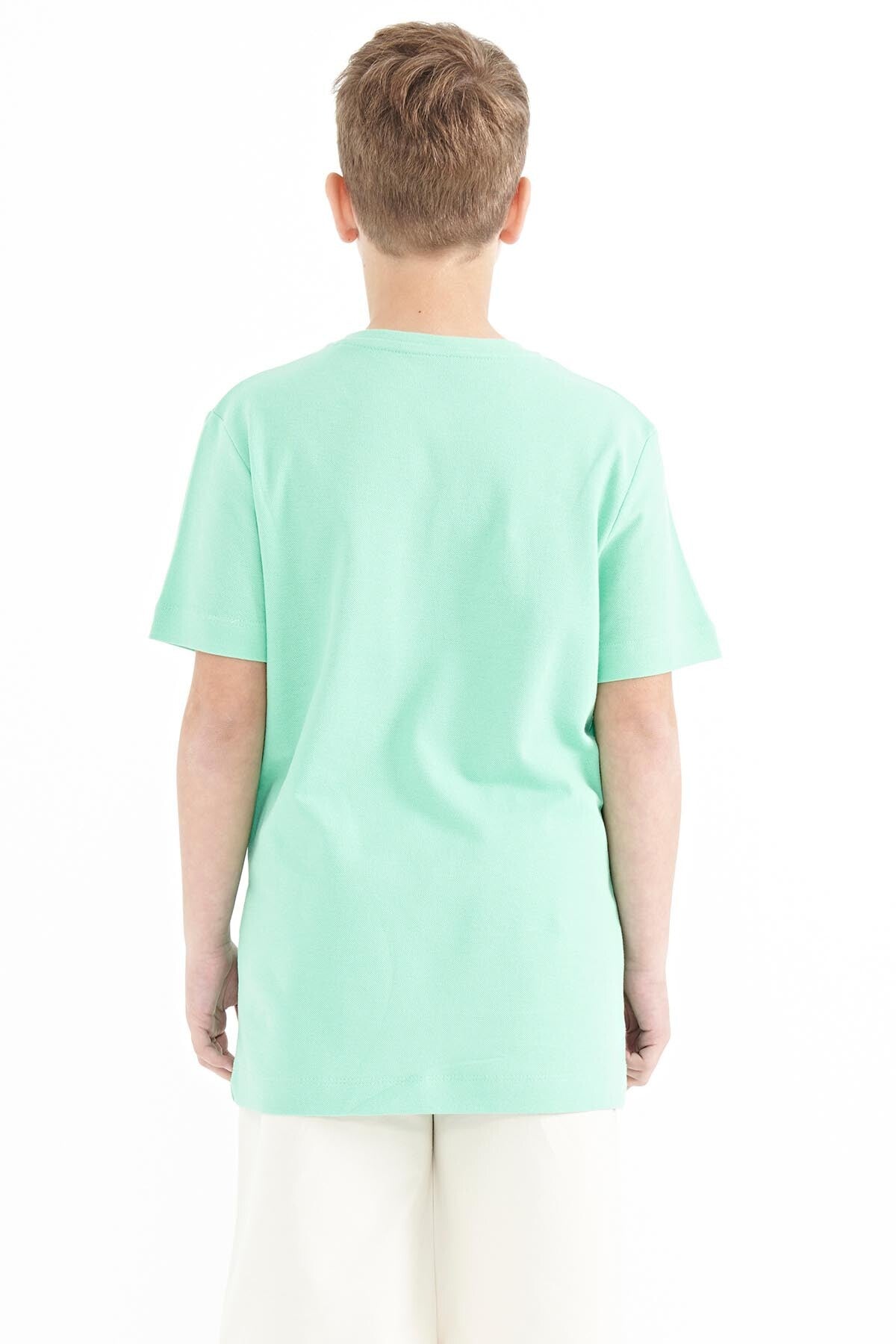 Su Yeşili Baskı Detaylı O Yaka Standart Kalıp Erkek Çocuk T-Shirt - 11117