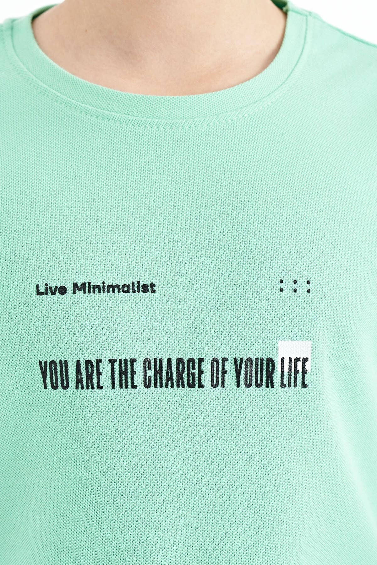 Su Yeşili Baskı Detaylı O Yaka Standart Kalıp Erkek Çocuk T-Shirt - 11117