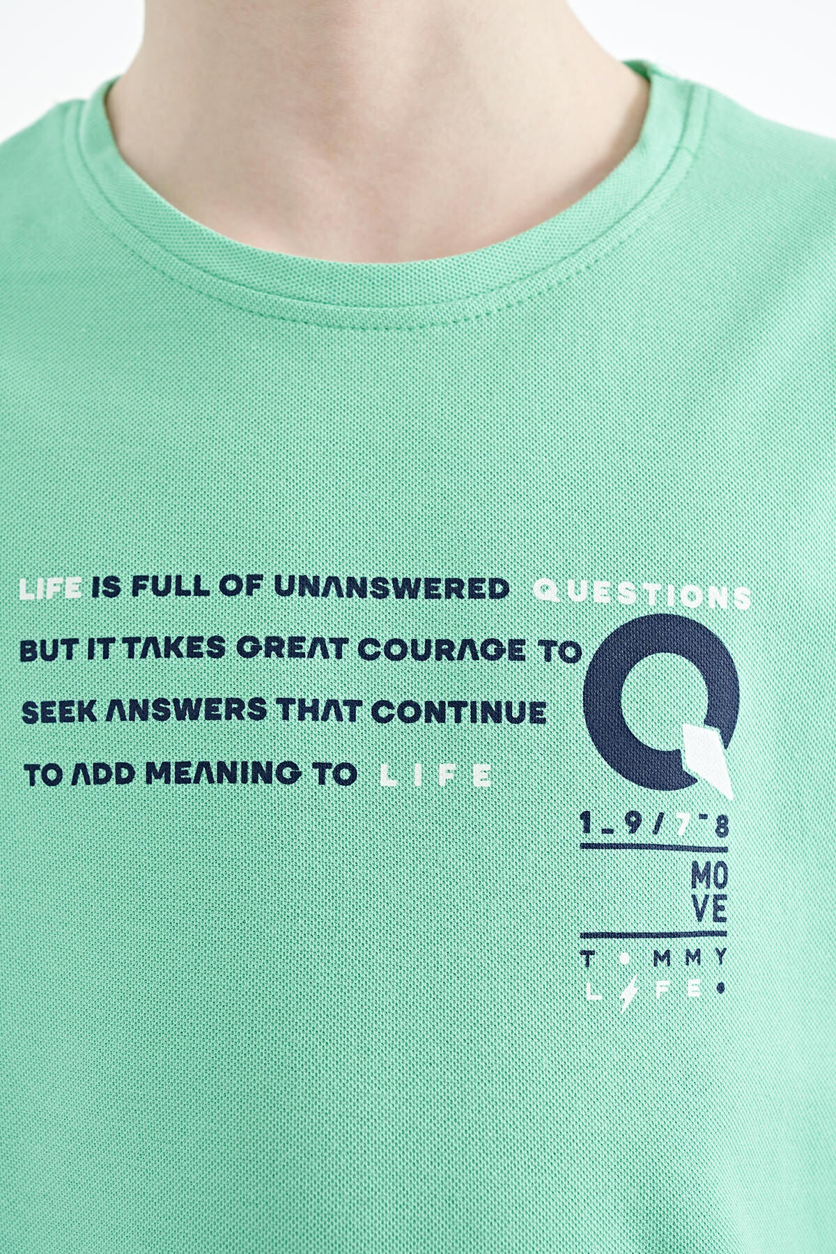 Su Yeşili Baskı Detaylı O Yaka Standart Kalıp Erkek Çocuk T-Shirt - 11145