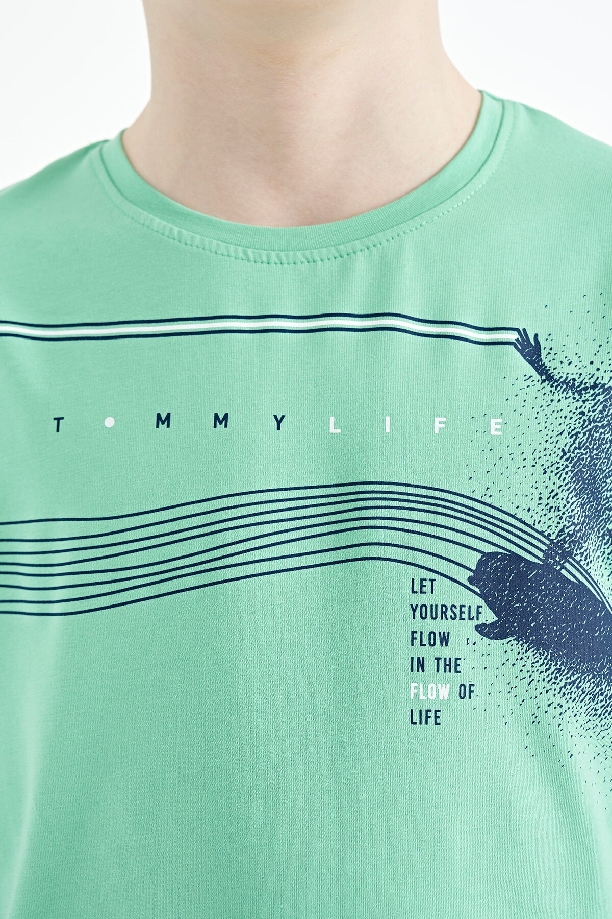 Su Yeşili Baskı Detaylı Standart Kalıp O Yaka Erkek Çocuk T-Shirt - 11133