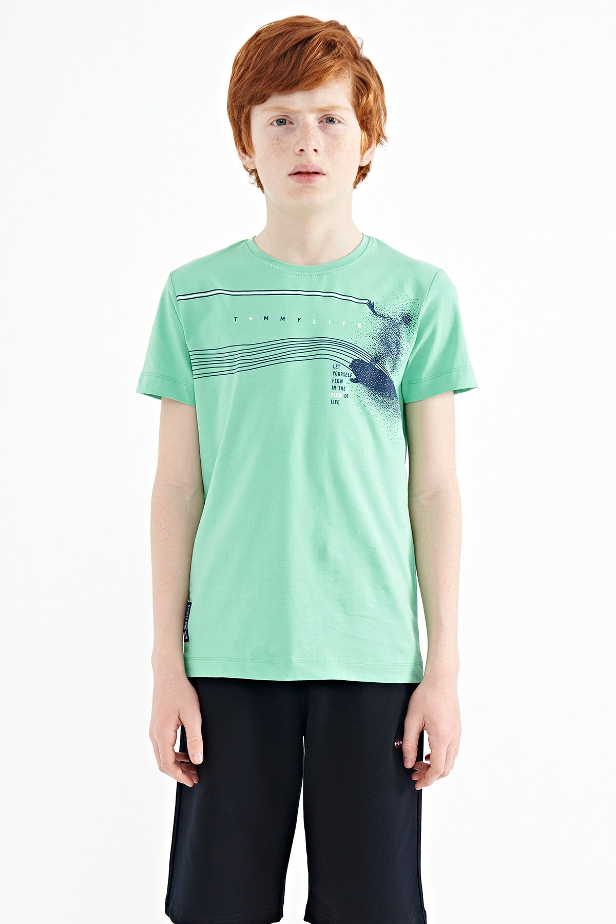 Su Yeşili Baskı Detaylı Standart Kalıp O Yaka Erkek Çocuk T-Shirt - 11133