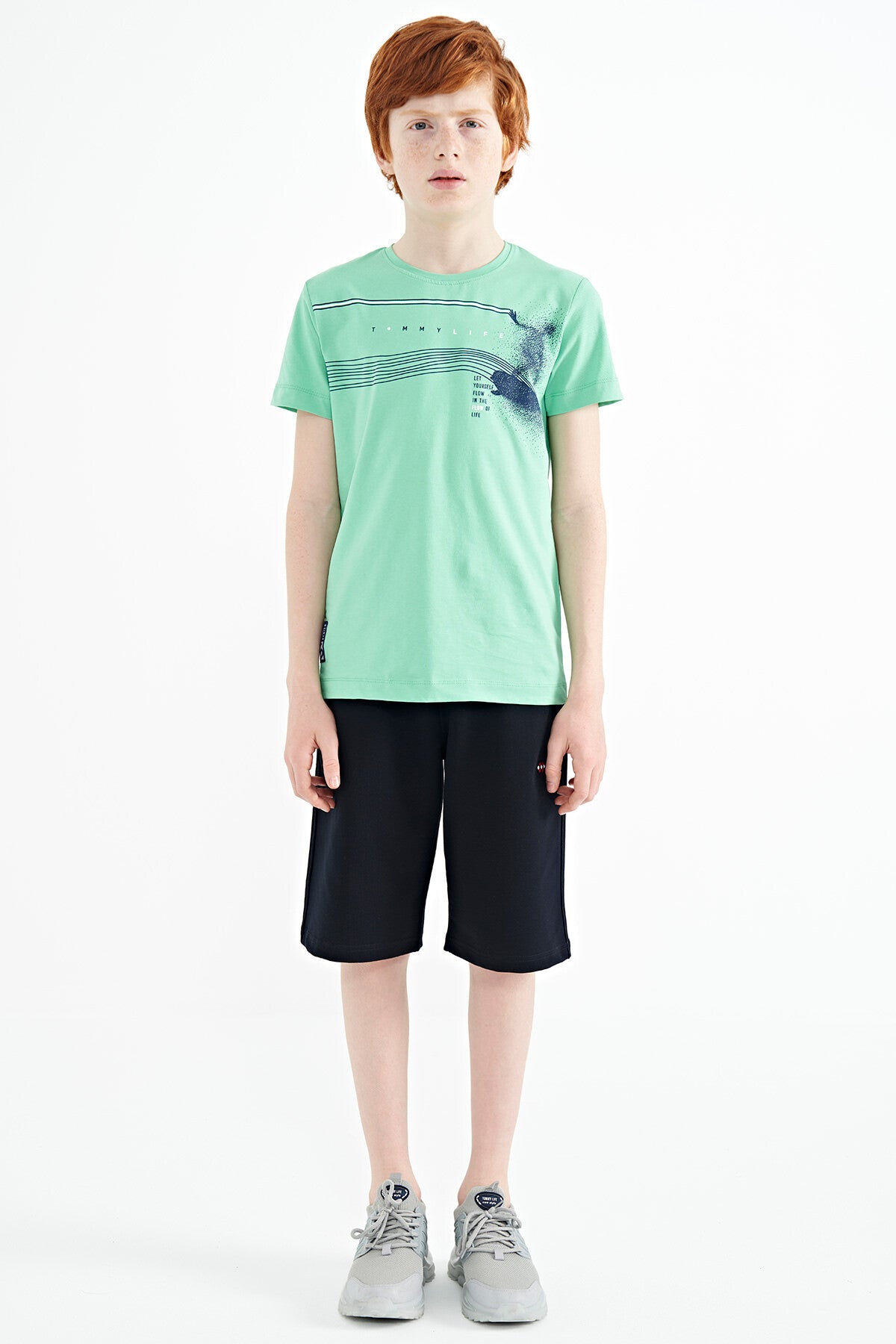 Su Yeşili Baskı Detaylı Standart Kalıp O Yaka Erkek Çocuk T-Shirt - 11133