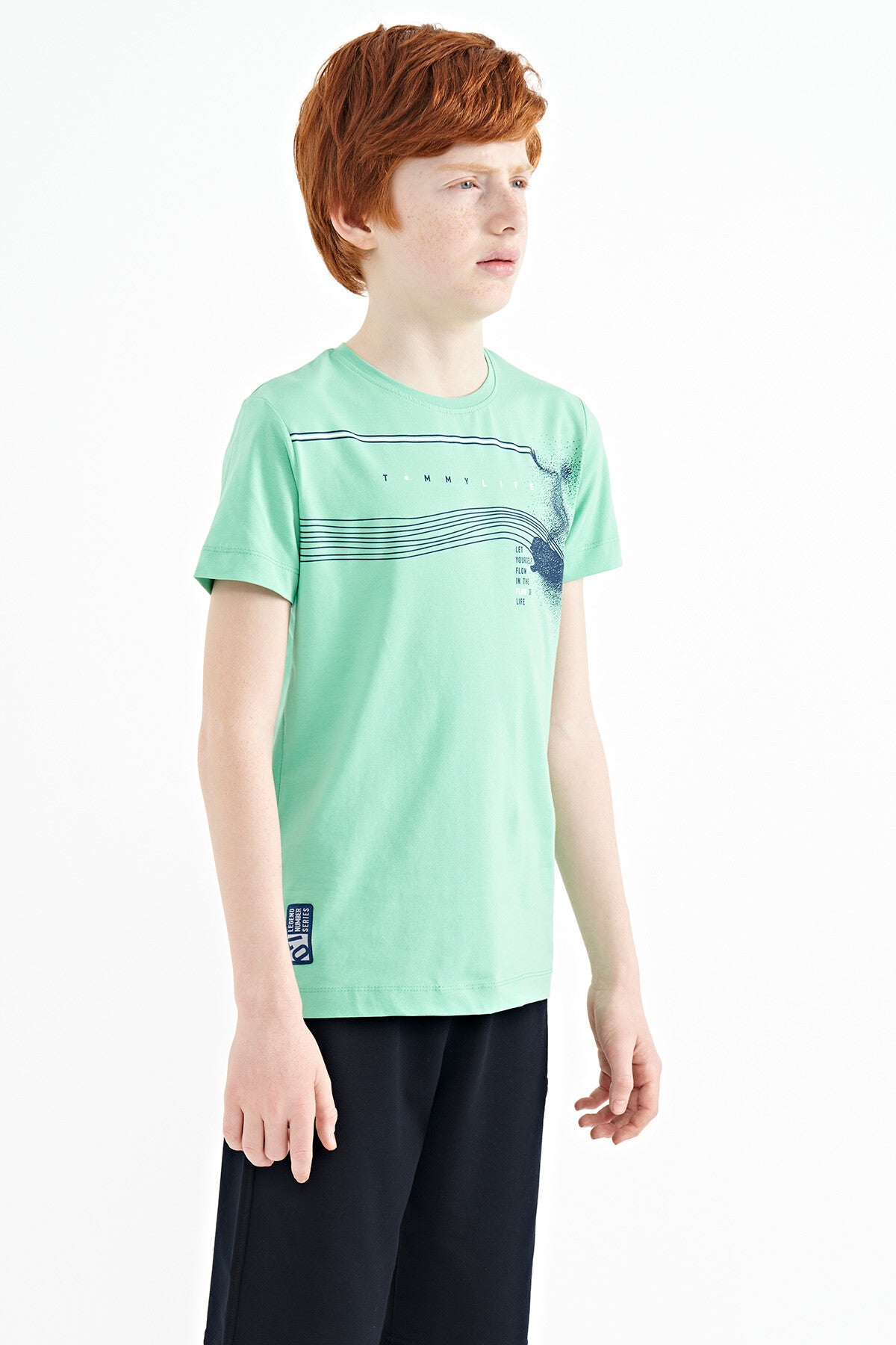 Su Yeşili Baskı Detaylı Standart Kalıp O Yaka Erkek Çocuk T-Shirt - 11133