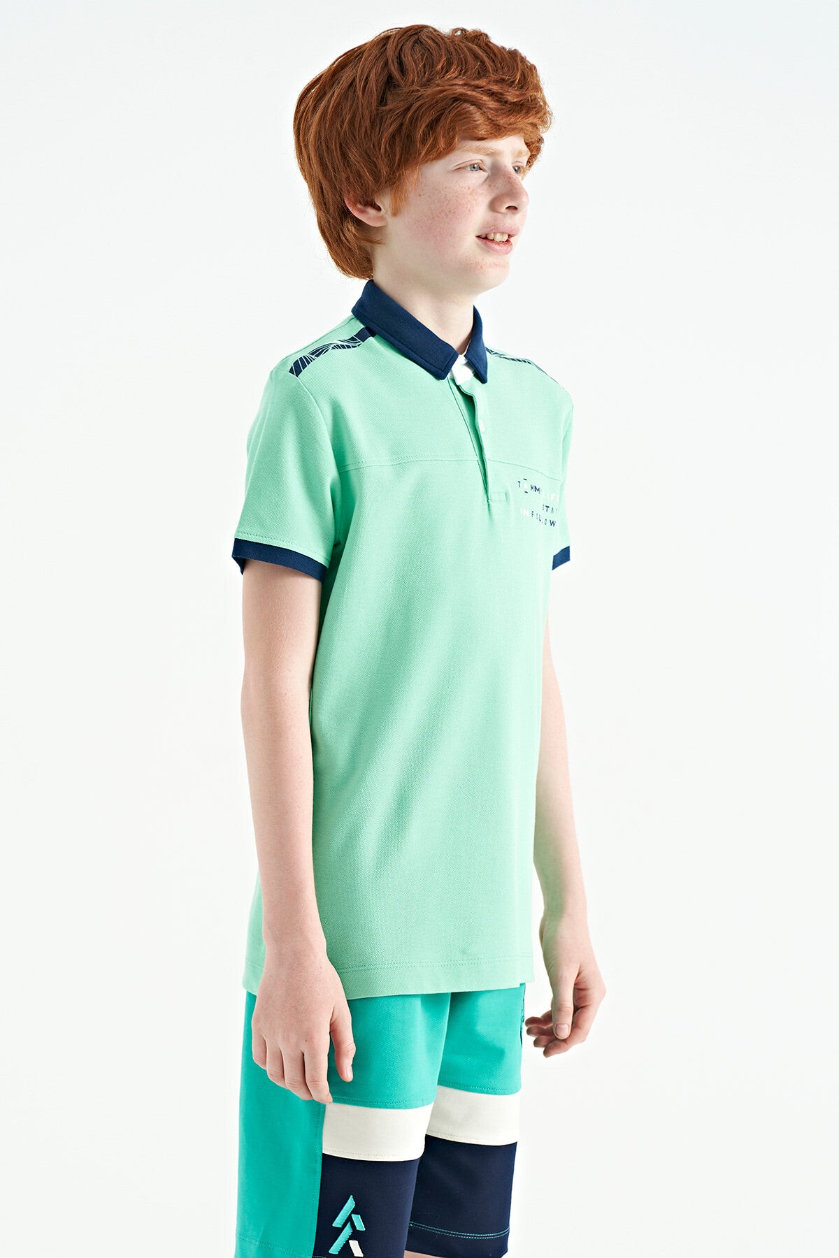 Su Yeşili Baskı Detaylı Standart Kalıp Polo Yaka Erkek Çocuk T-Shirt - 11140