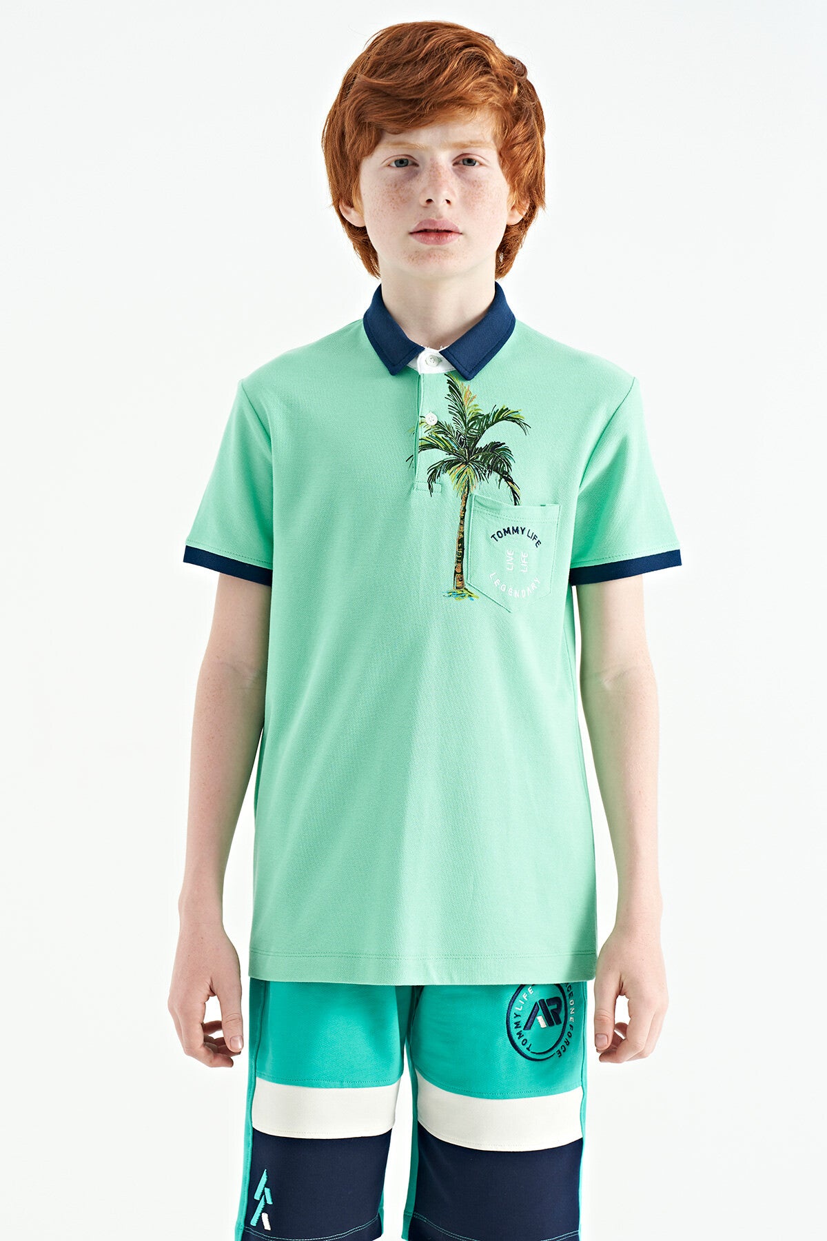 Su Yeşili Baskılı Cep Detaylı Standart Kalıp Polo Yaka Erkek Çocuk T-Shirt - 11144