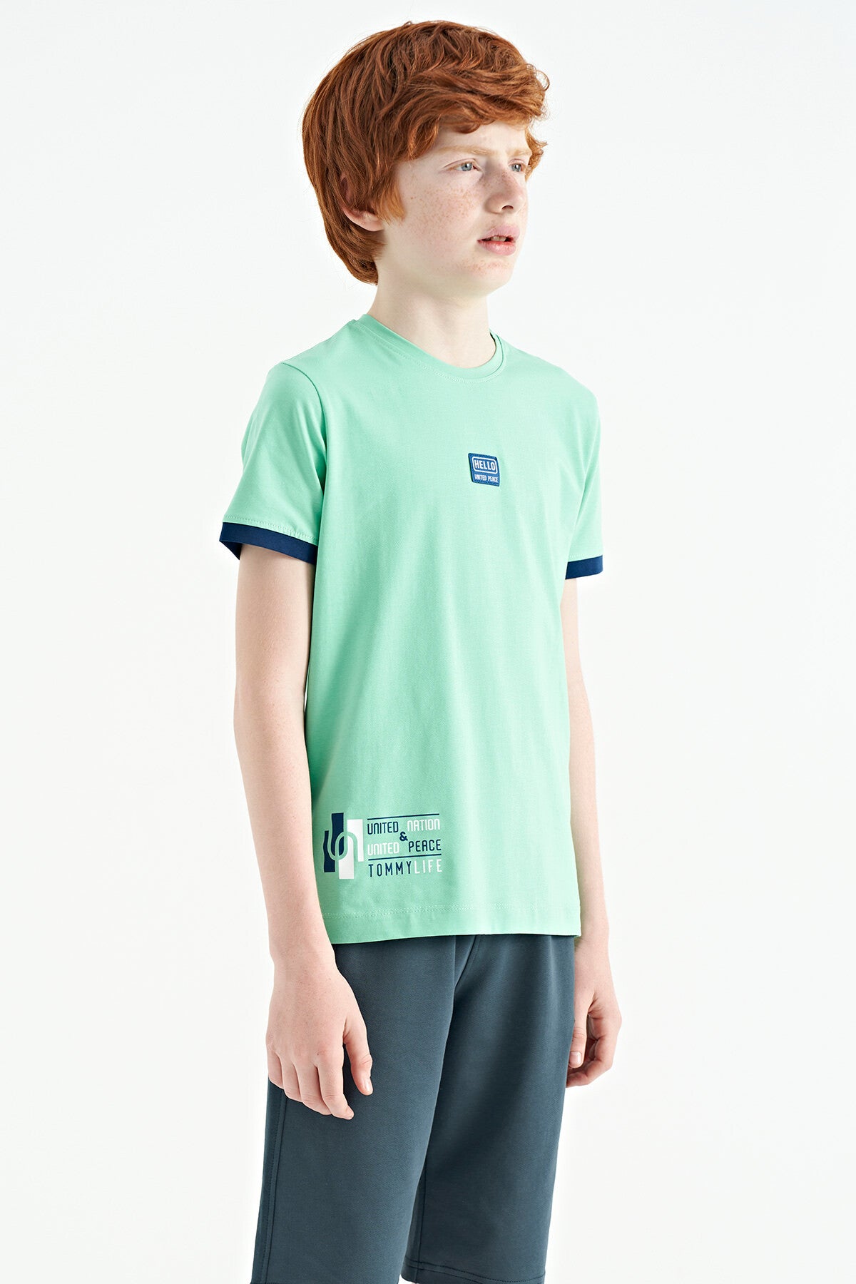 Su Yeşili Baskılı Standart Kalıp O Yaka Erkek Çocuk T-Shirt - 11097