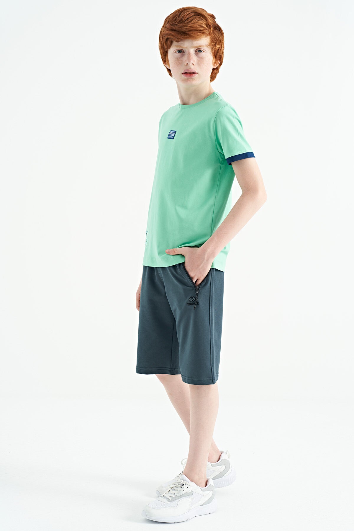 Su Yeşili Baskılı Standart Kalıp O Yaka Erkek Çocuk T-Shirt - 11097