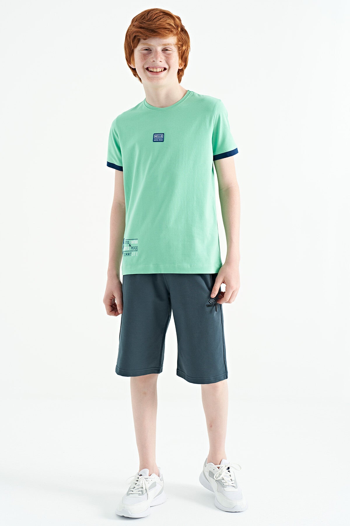 Su Yeşili Baskılı Standart Kalıp O Yaka Erkek Çocuk T-Shirt - 11097