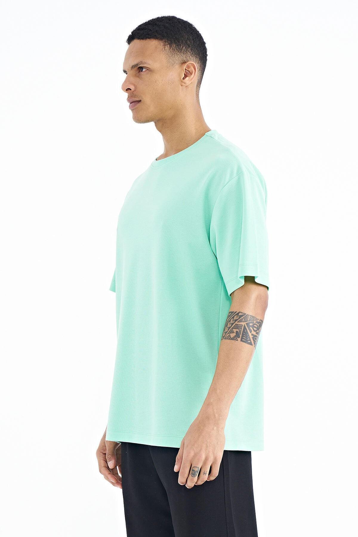 Su Yeşili Kol Arma Detaylı Basic Oversize Erkek T-Shirt - 88193