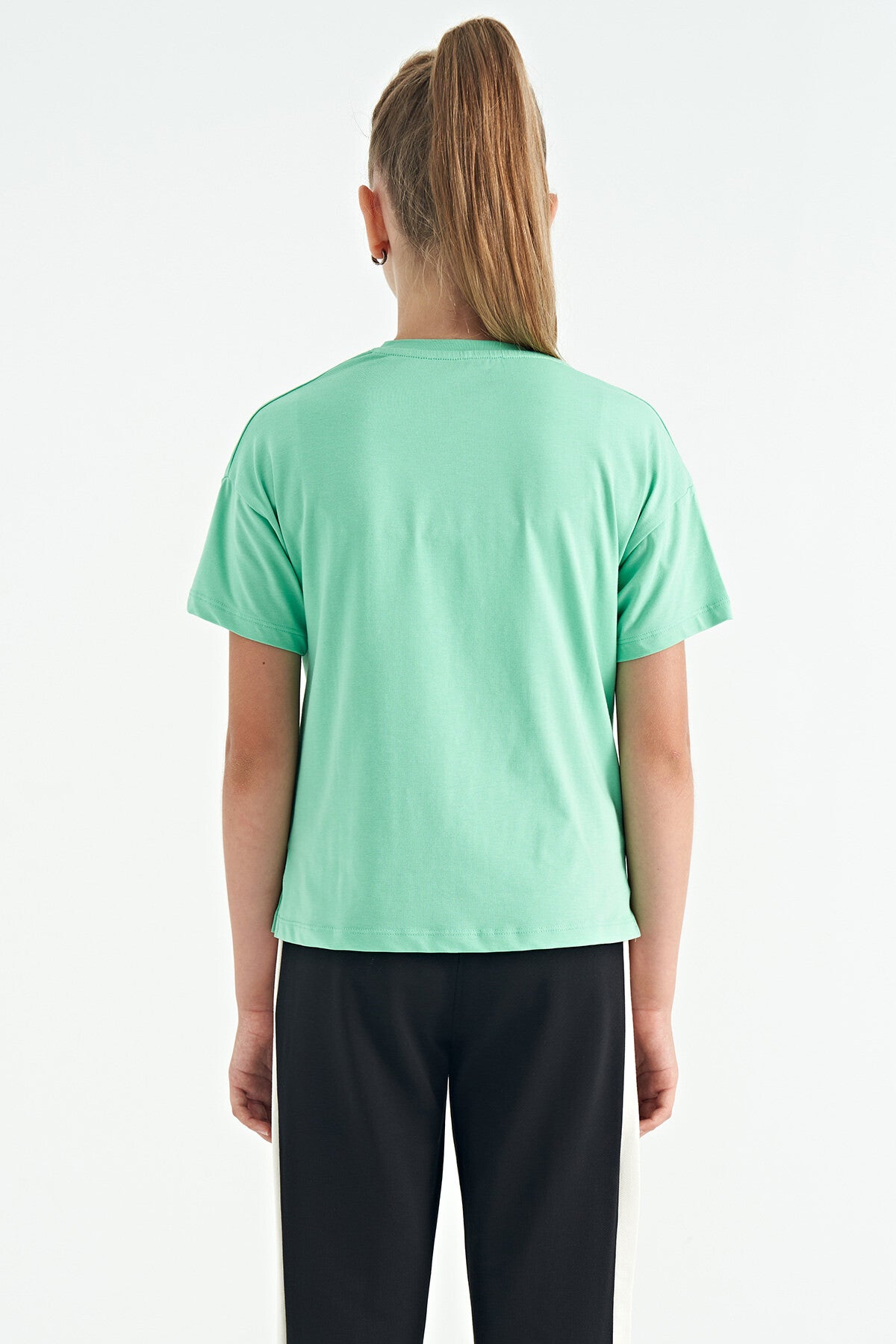 Su Yeşili O Yaka Yazı Baskılı Düşük Omuz Oversize Kız Çocuk T-Shirt - 75115