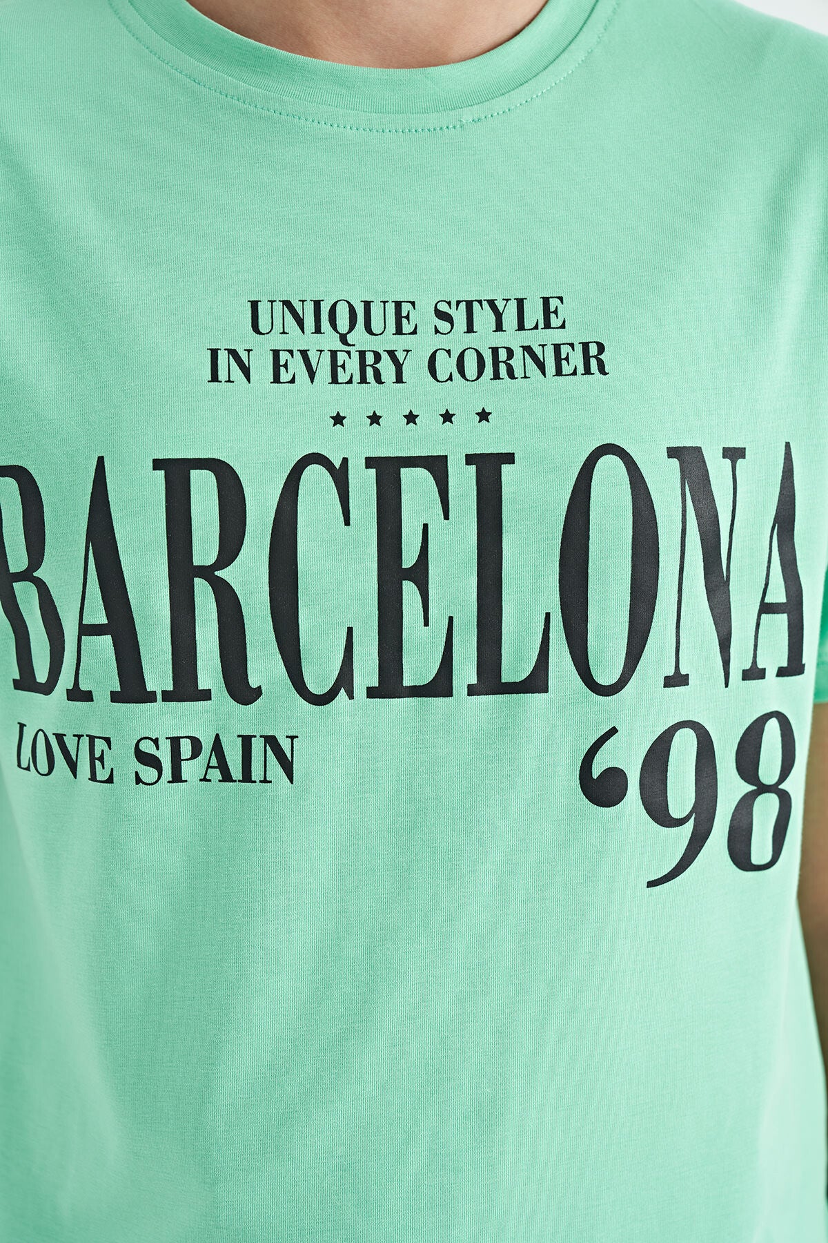 Su Yeşili O Yaka Yazı Baskılı Düşük Omuz Oversize Kız Çocuk T-Shirt - 75115