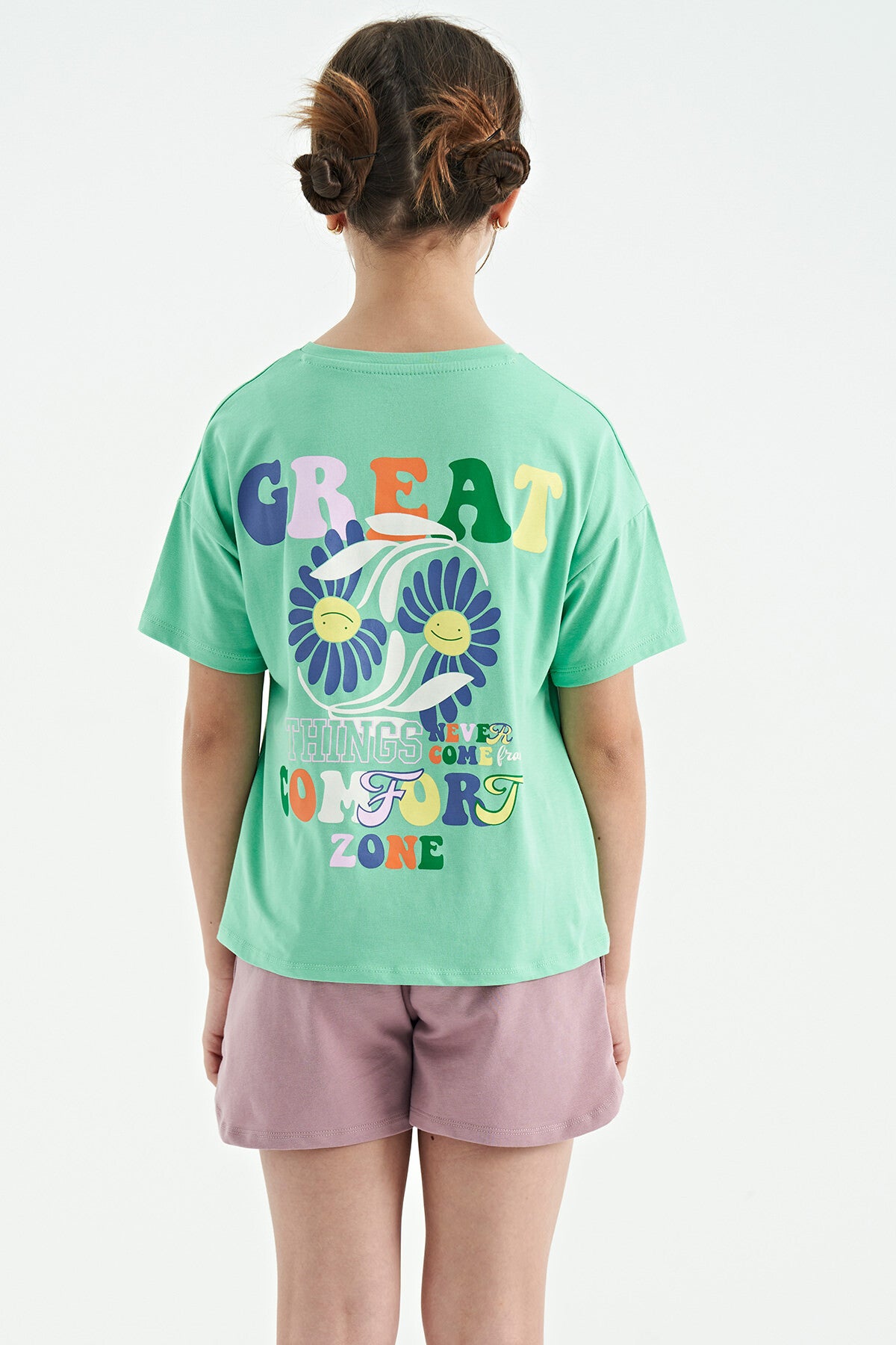 Su Yeşili Ön Arka Çok Renkli Baskılı Oversize Kısa Kollu Kız Çocuk T-Shirt - 75117
