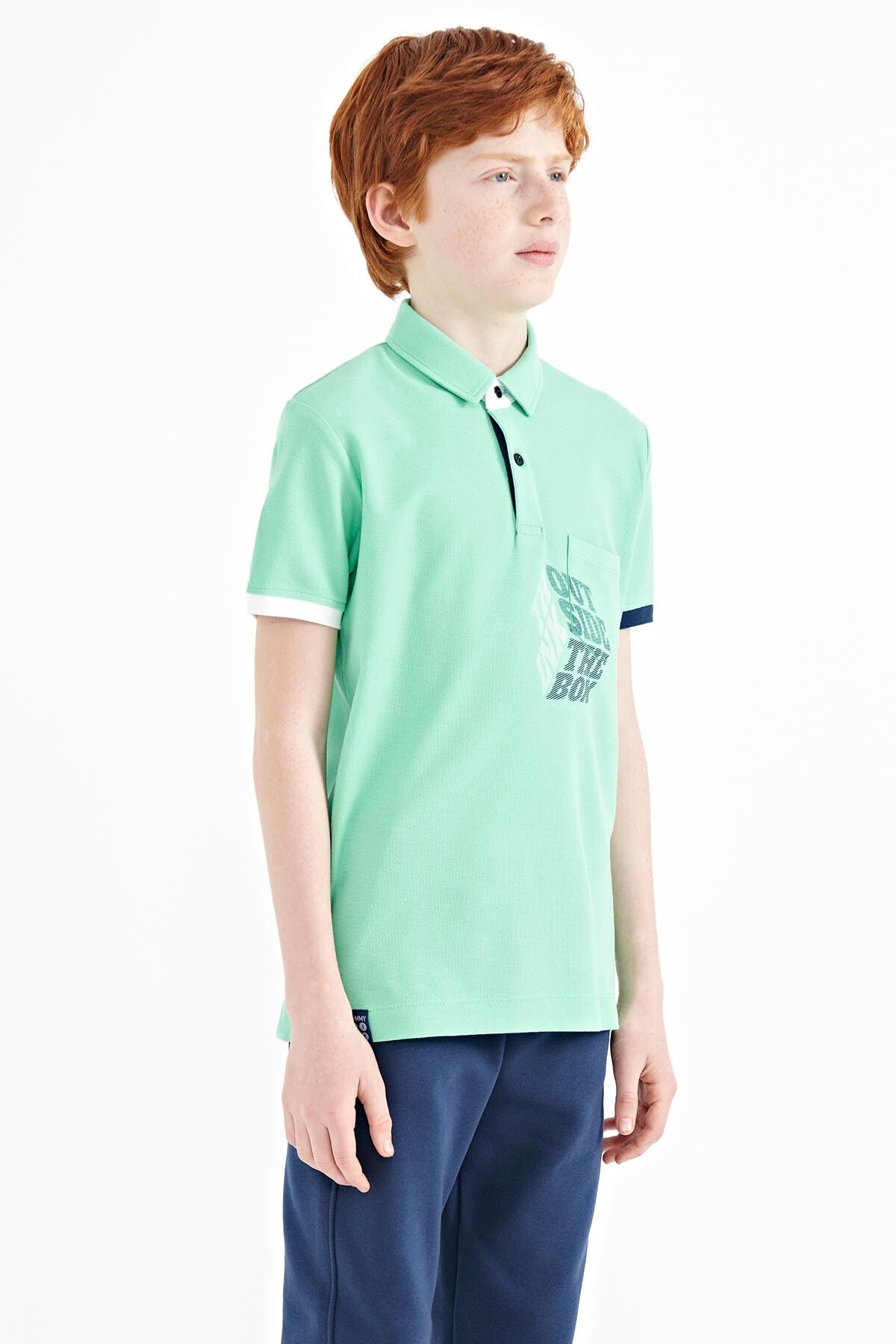 Su Yeşili Ön Cep Detaylı Baskılı Standart Kalıp Polo Yaka Erkek Çocuk T-Shirt - 11102