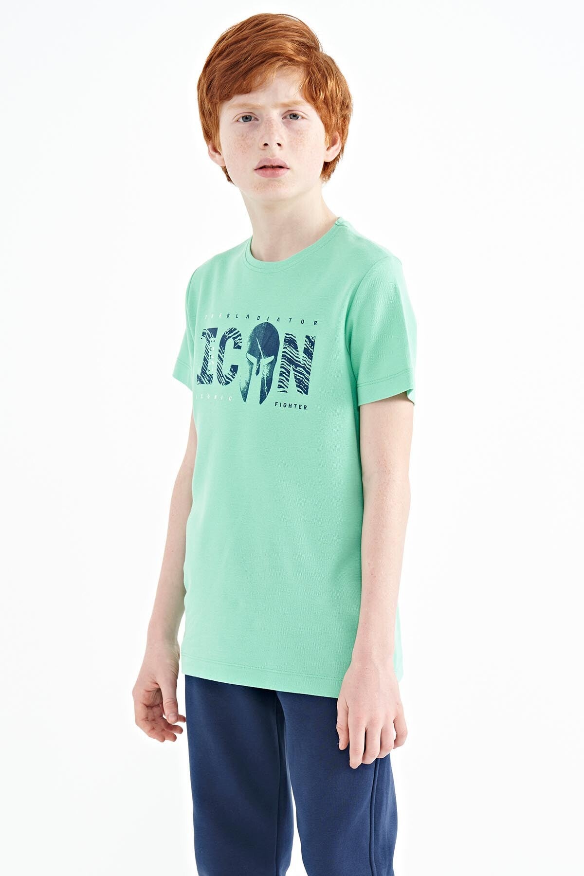 Su Yeşili Ön Yazı Nakışlı O Yaka Standart Kalıp Erkek Çocuk T-Shirt - 11118