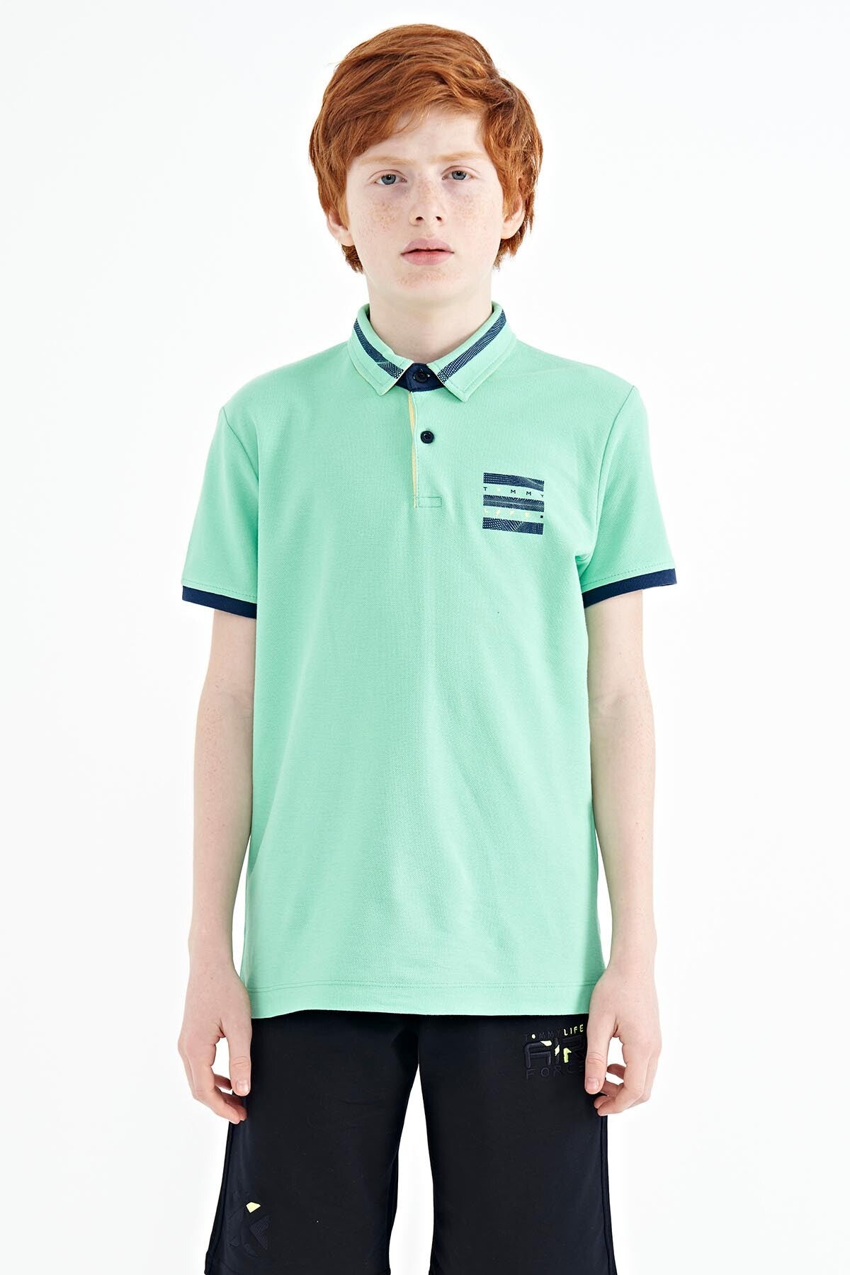 Su Yeşili Yakası Renk Bloklu Baskı Detaylı Standart Kalıp Erkek Çocuk T-Shirt - 11111