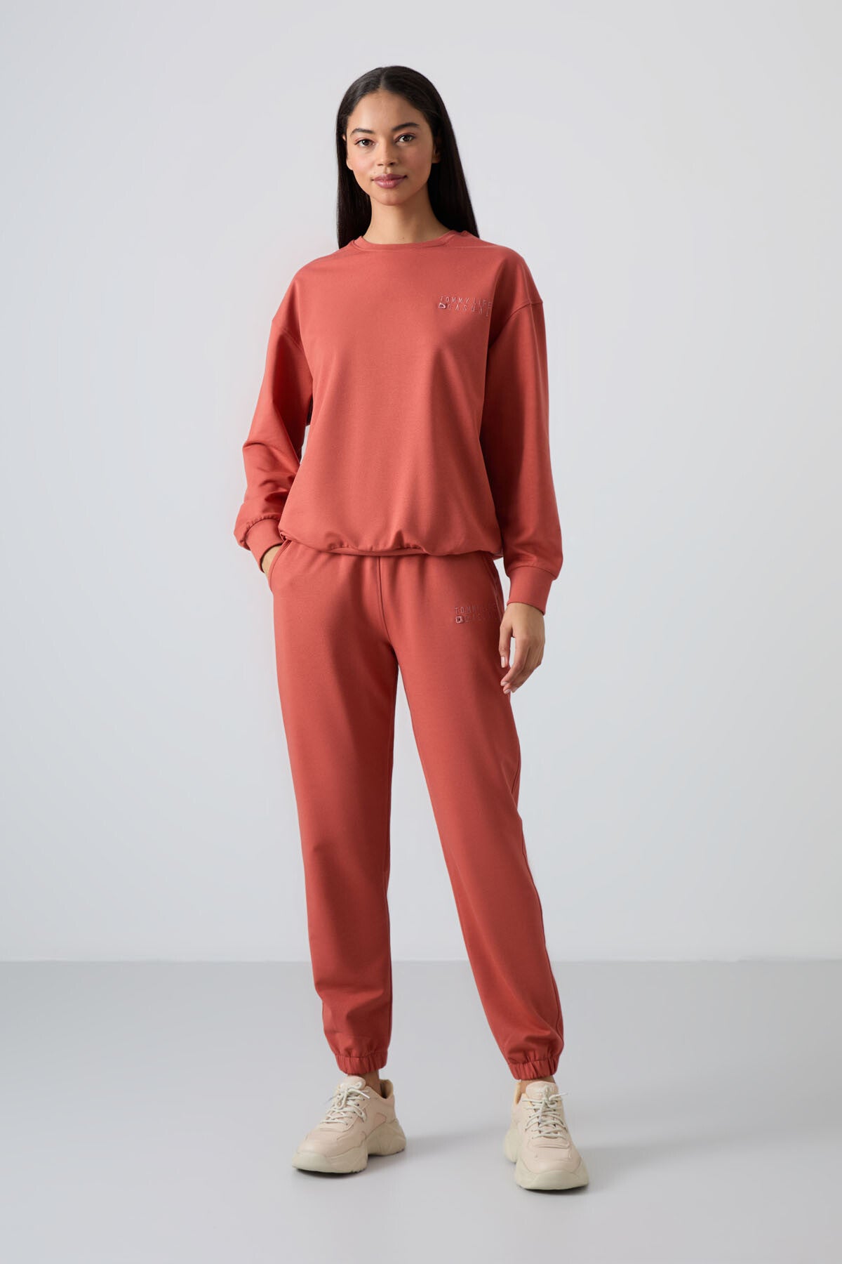 Tarçın Basic Pamuklu O Yaka Oversize Lastik Paça Kadın Eşofman Takım - 95287