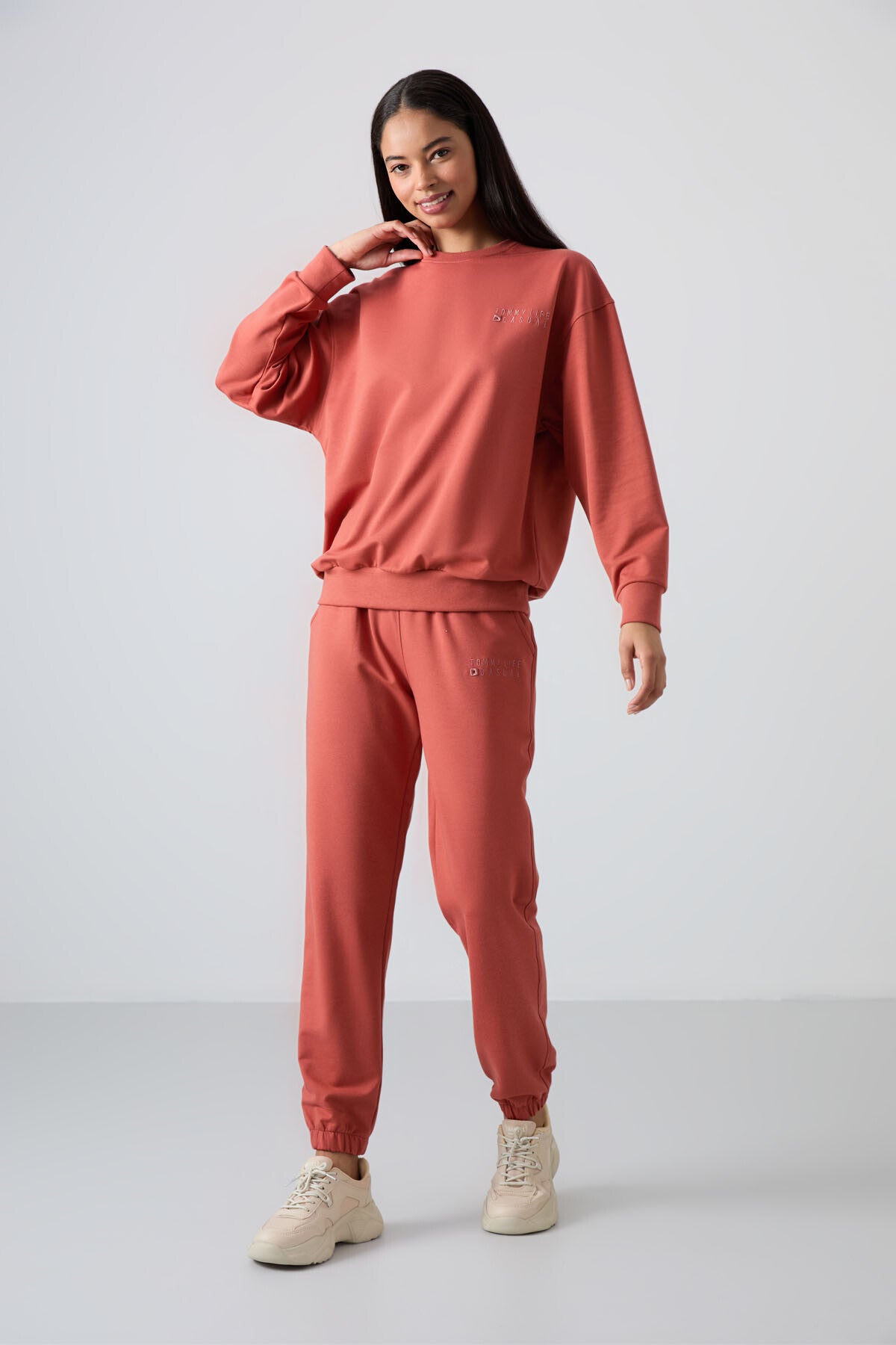 Tarçın Basic Pamuklu O Yaka Oversize Lastik Paça Kadın Eşofman Takım - 95287