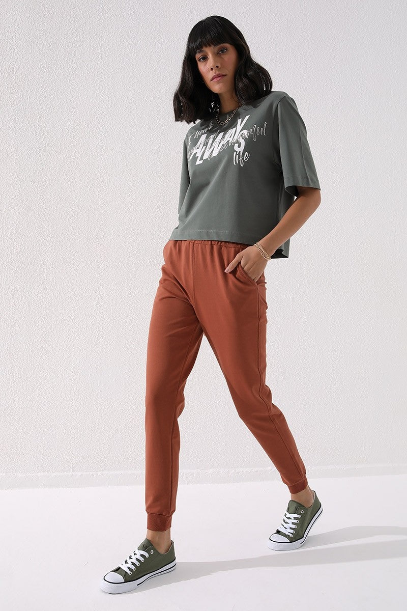 Tarçın Yüksek Bel Jogger Rahat Form Manşetli Kadın Eşofman Alt - 94561