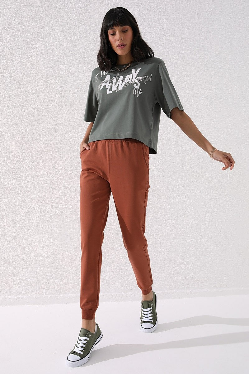 Tarçın Yüksek Bel Jogger Rahat Form Manşetli Kadın Eşofman Alt - 94561