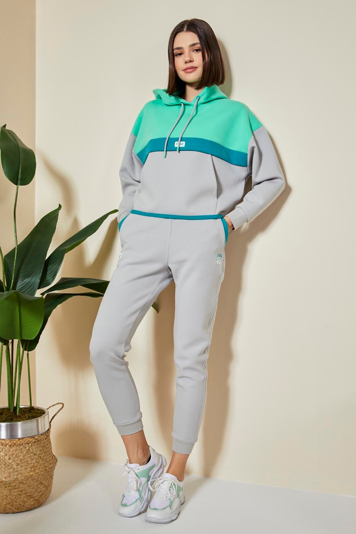 Taş Kapüşonlu Pamuklu Renk Bloklu Kadın Eşofman Takım - 95327