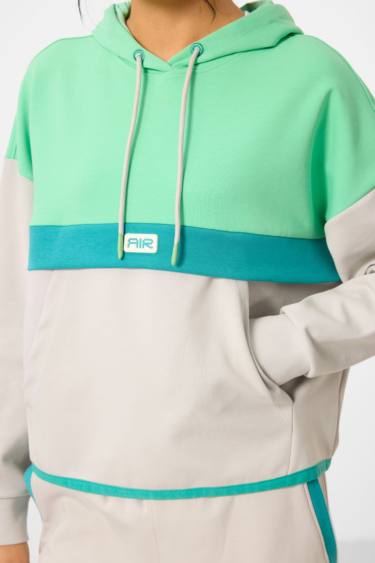 Taş Kapüşonlu Pamuklu Renk Bloklu Kadın Eşofman Takım - 95327