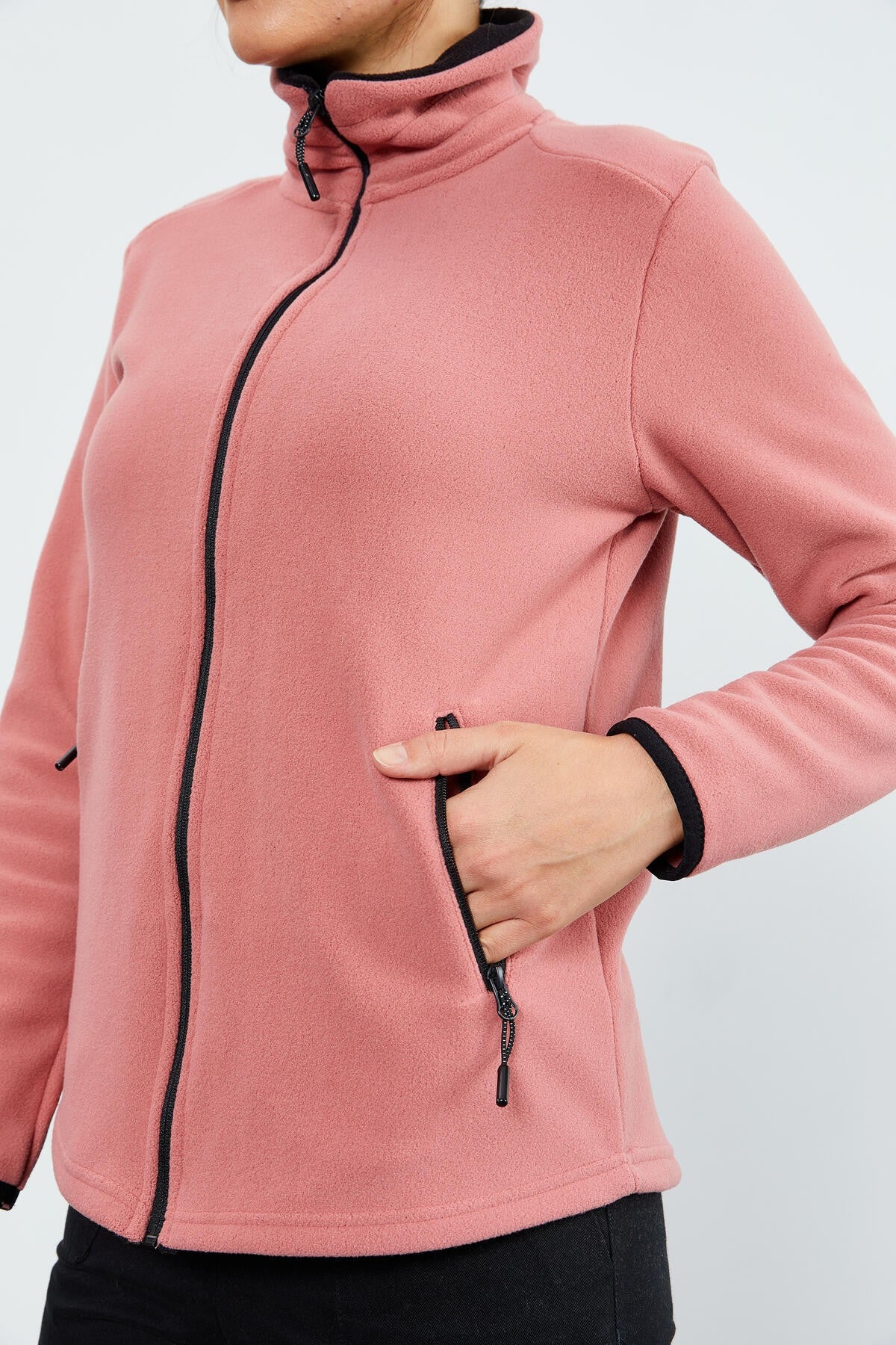 Yaban Gülü Dik Yaka Fermuarlı Rahat Form Kadın Polar Sweatshirt - 97173