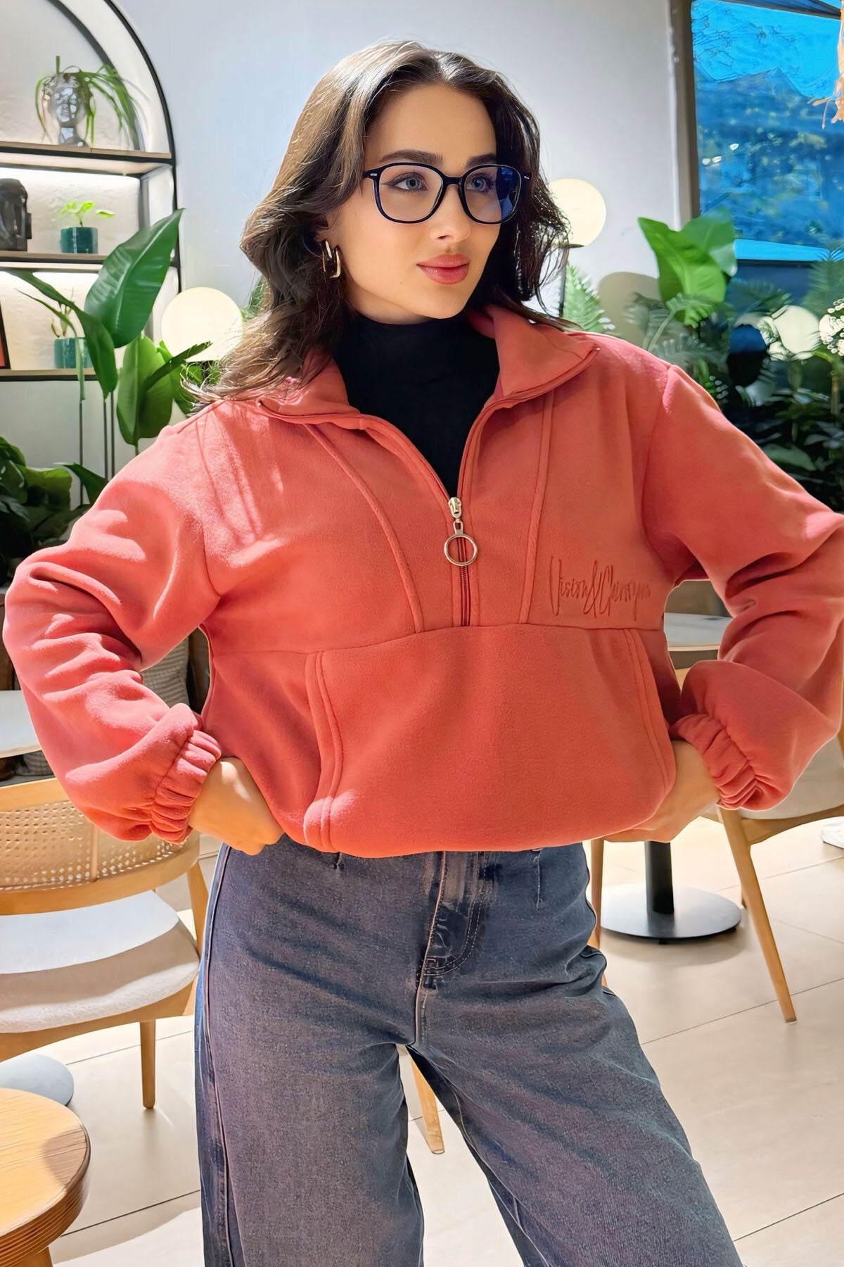 Yaban Gülü Yarım Fermuar Etek Ucu Büzgülü Kadın Polar Oversize Sweatshirt - 97171