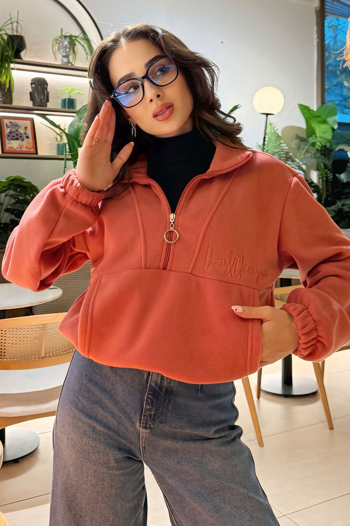 Yaban Gülü Yarım Fermuar Etek Ucu Büzgülü Kadın Polar Oversize Sweatshirt - 97171