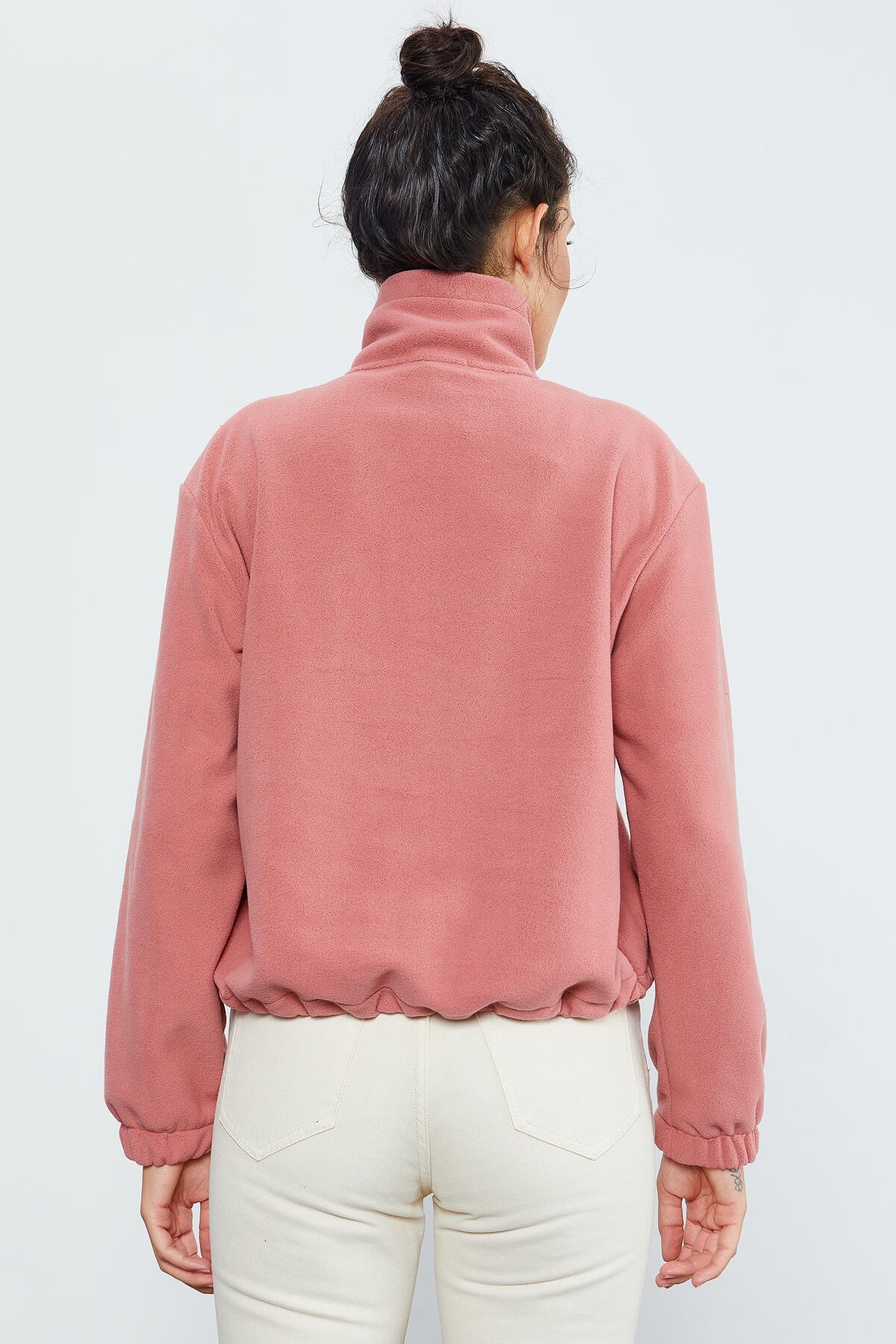 Yaban Gülü Yarım Fermuar Etek Ucu Büzgülü Kadın Polar Oversize Sweatshirt - 97171