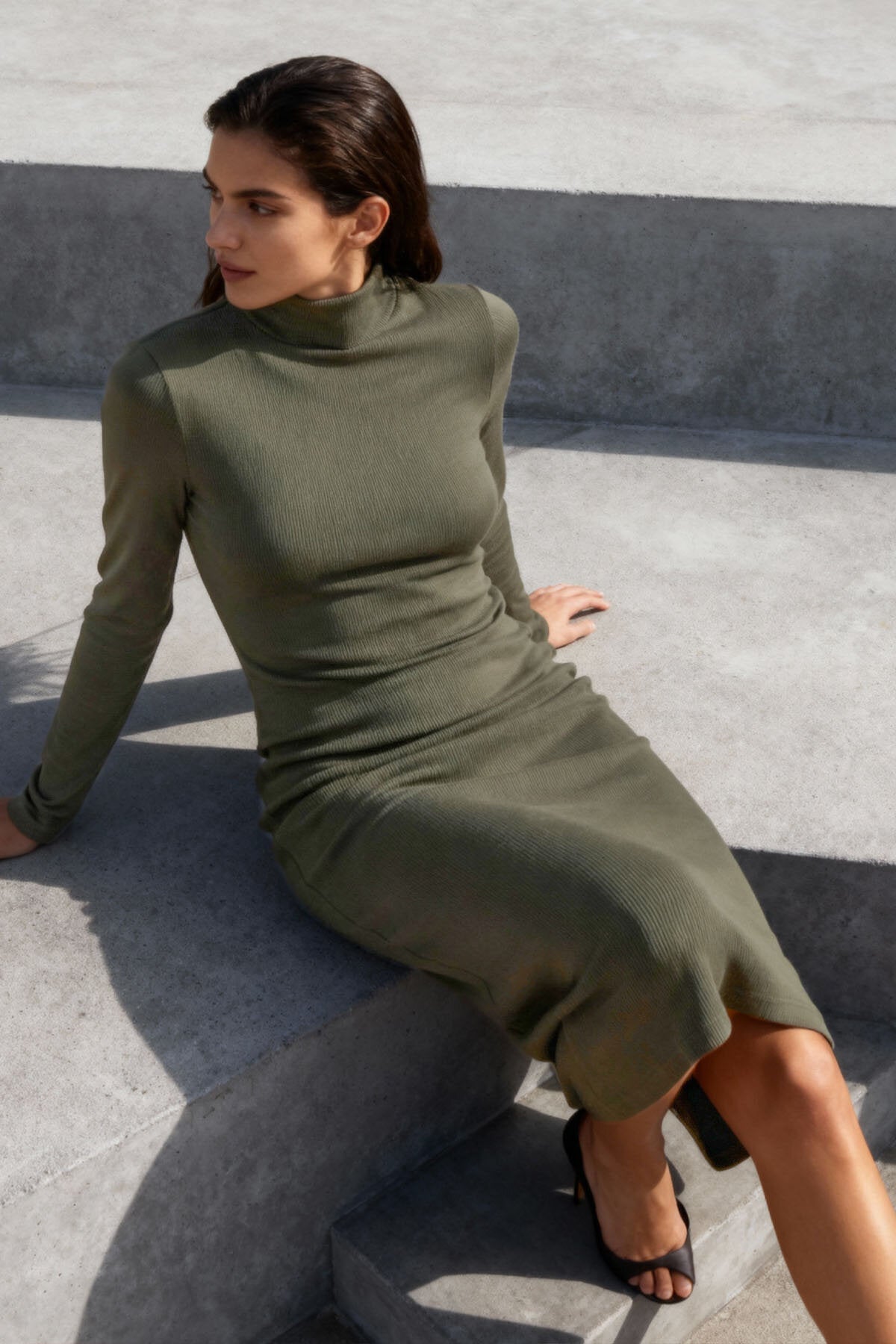 Yeşil Kaşkorse Triko Dar Kalıp Balıkçı Yaka Kadın Elbise - 97117