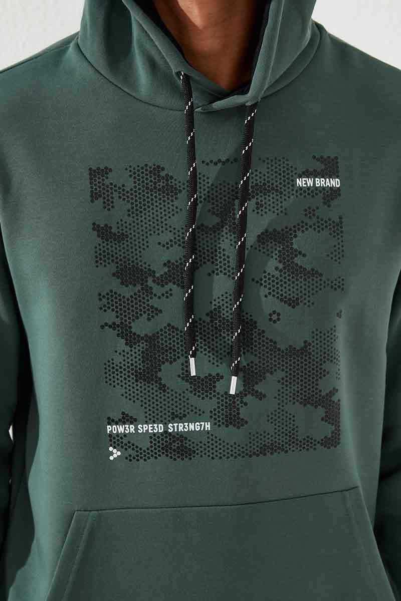 Yeşil Kamuflaj Desen Baskılı Standart Kalıp Kapüşonlu Erkek Sweatshirt - 87884