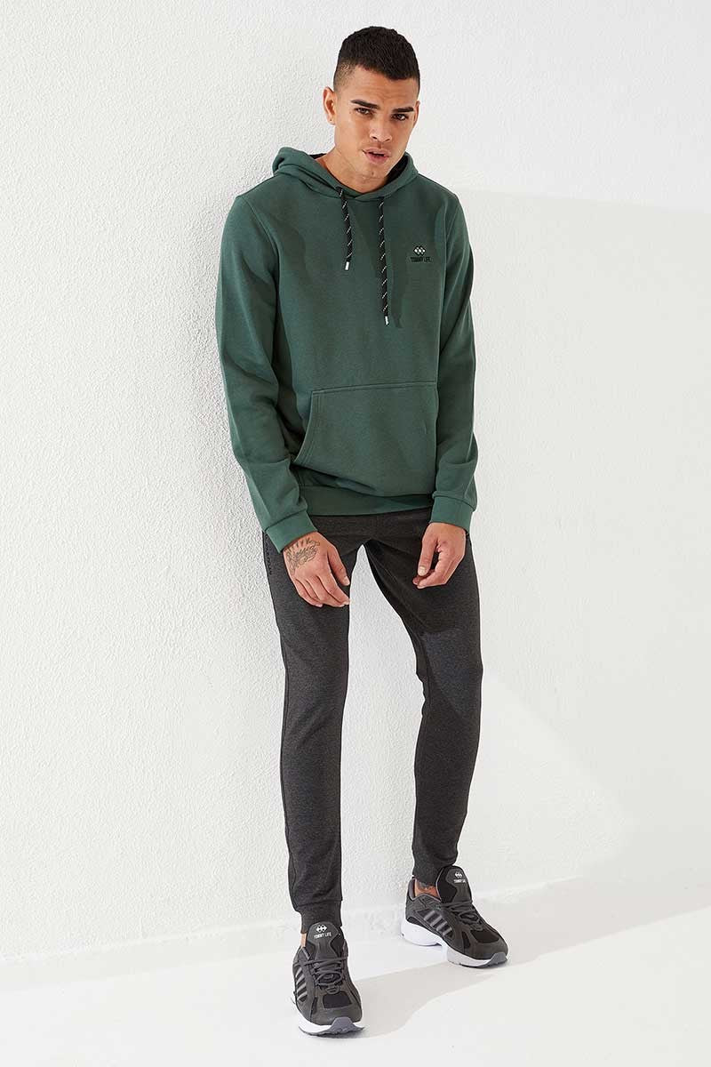 Yeşil Kanguru Cep Standart Kalıp Kapüşonlu Erkek Sweatshirt - 87872