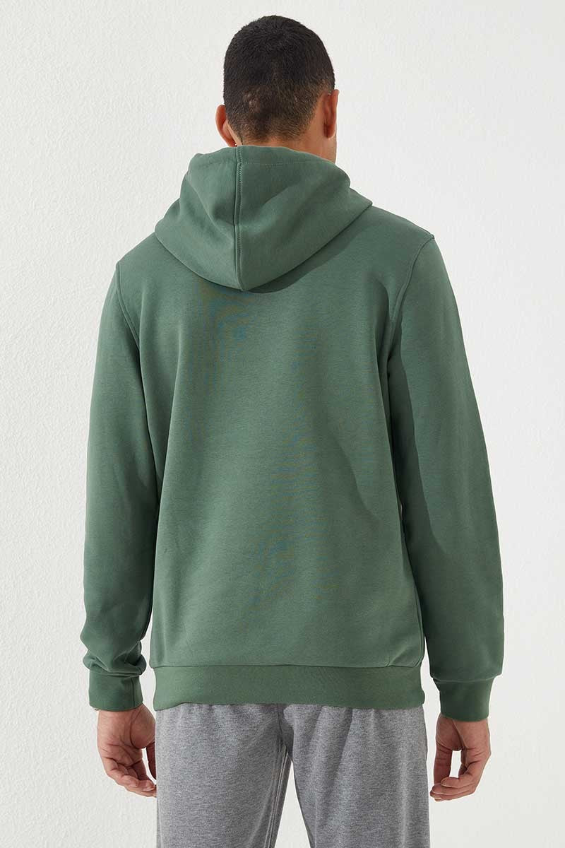 Yeşil Nakışlı Kanguru Cep Standart Kalıp Kapüşonlu Erkek Sweatshirt - 87839