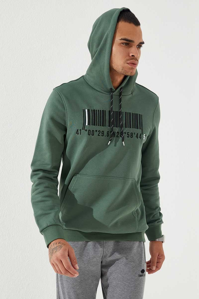Yeşil Nakışlı Kanguru Cep Standart Kalıp Kapüşonlu Erkek Sweatshirt - 87839
