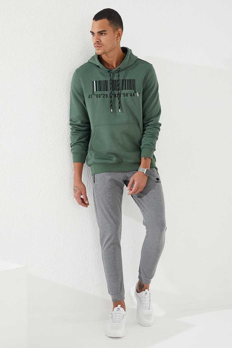 Yeşil Nakışlı Kanguru Cep Standart Kalıp Kapüşonlu Erkek Sweatshirt - 87839