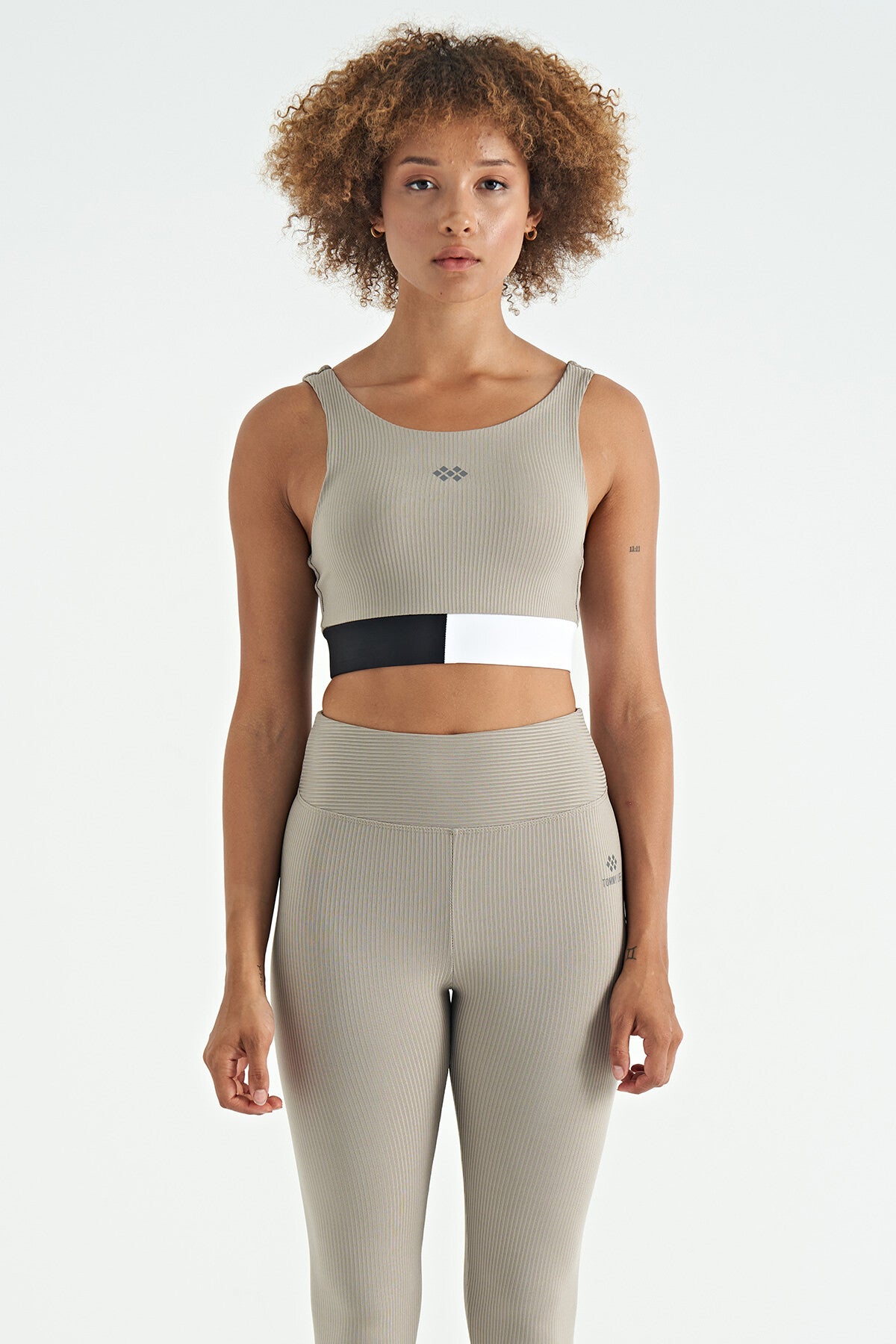 Zeytin Yeşil Renk Bloklu Logo Baskılı Dar Kalıp Fitilli Kadın Büstiyer - 97275