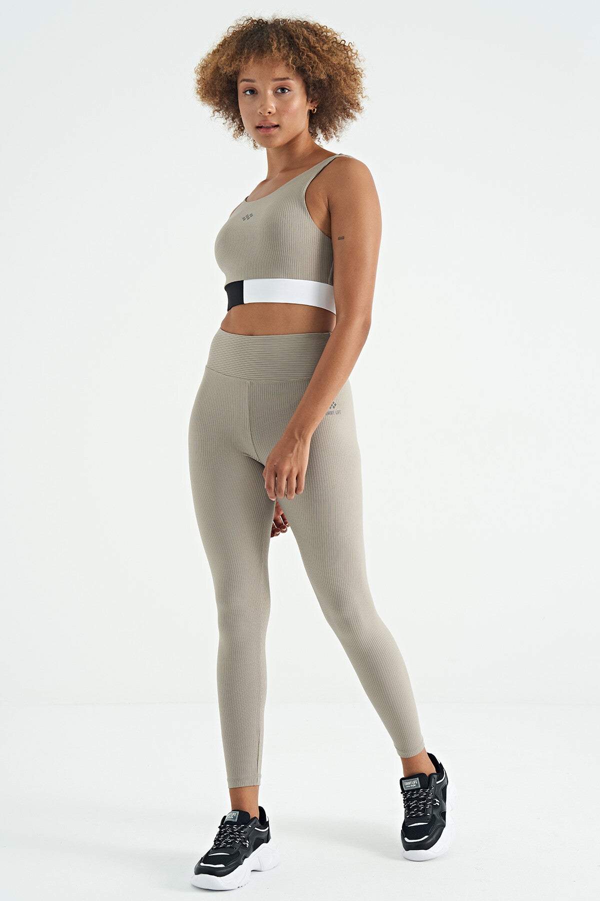 Zeytin Yeşil Renk Bloklu Logo Baskılı Dar Kalıp Fitilli Kadın Büstiyer - 97275