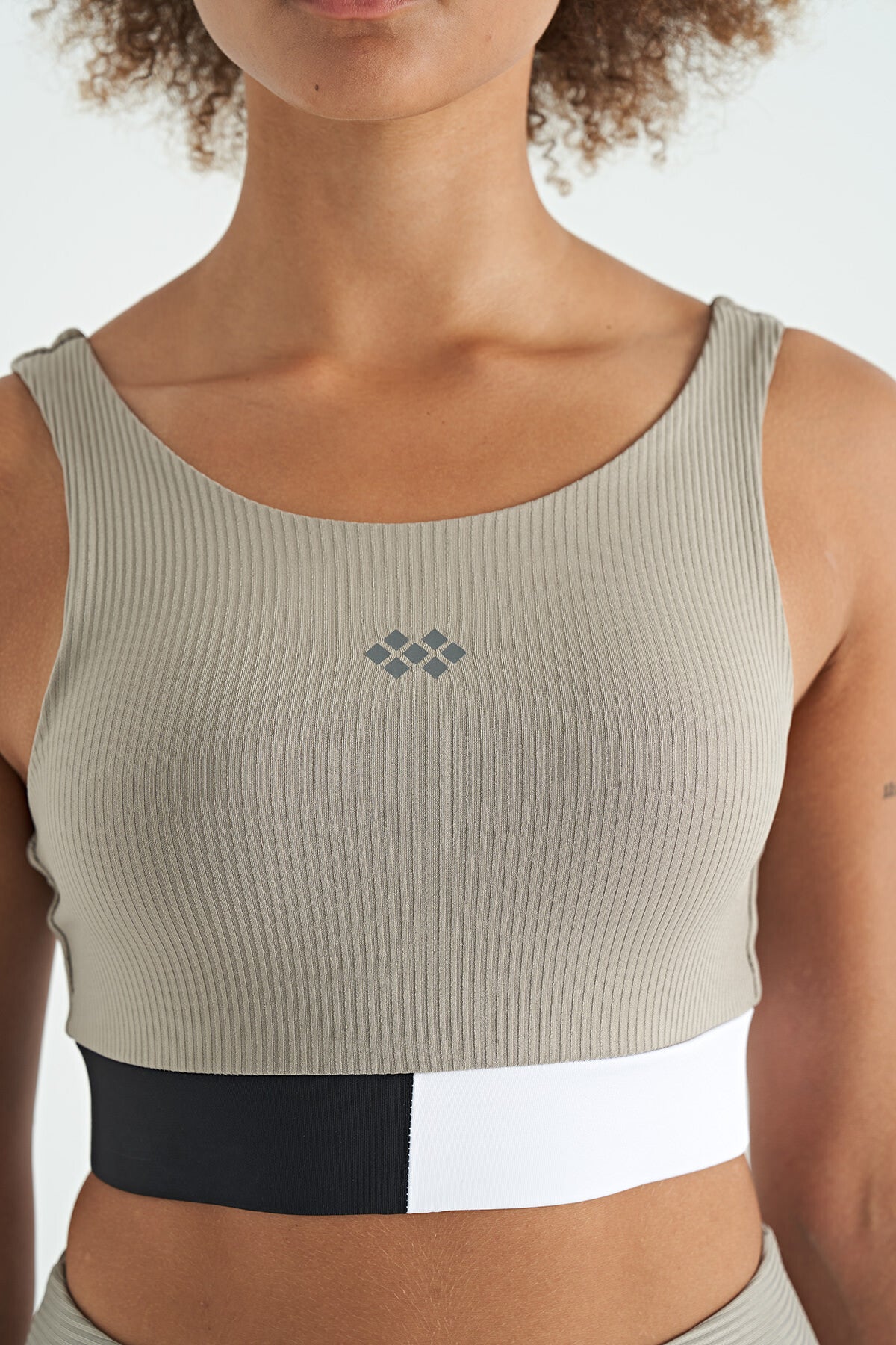 Zeytin Yeşil Renk Bloklu Logo Baskılı Dar Kalıp Fitilli Kadın Büstiyer - 97275