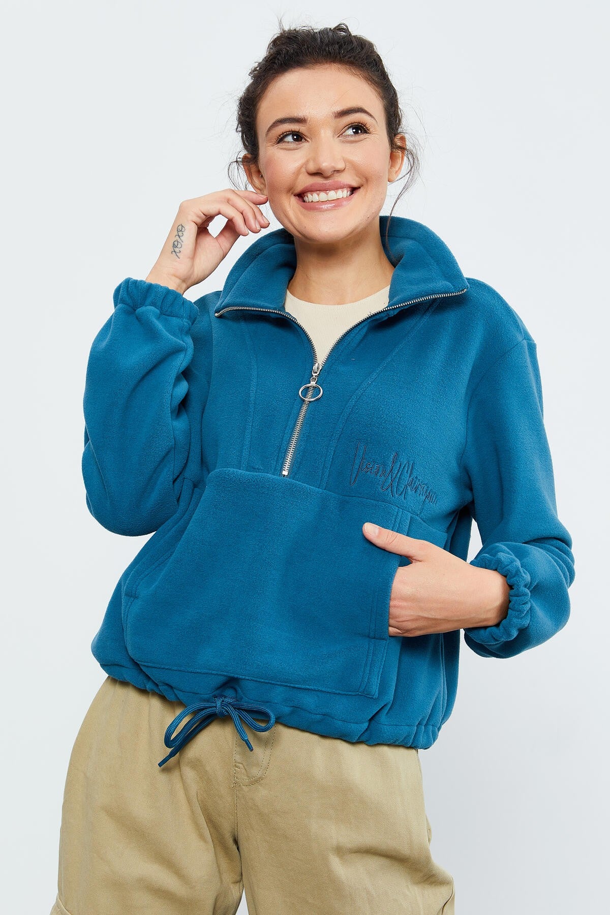 Zümrüt Yarım Fermuar Etek Ucu Büzgülü Kadın Polar Oversize Sweatshirt - 97171