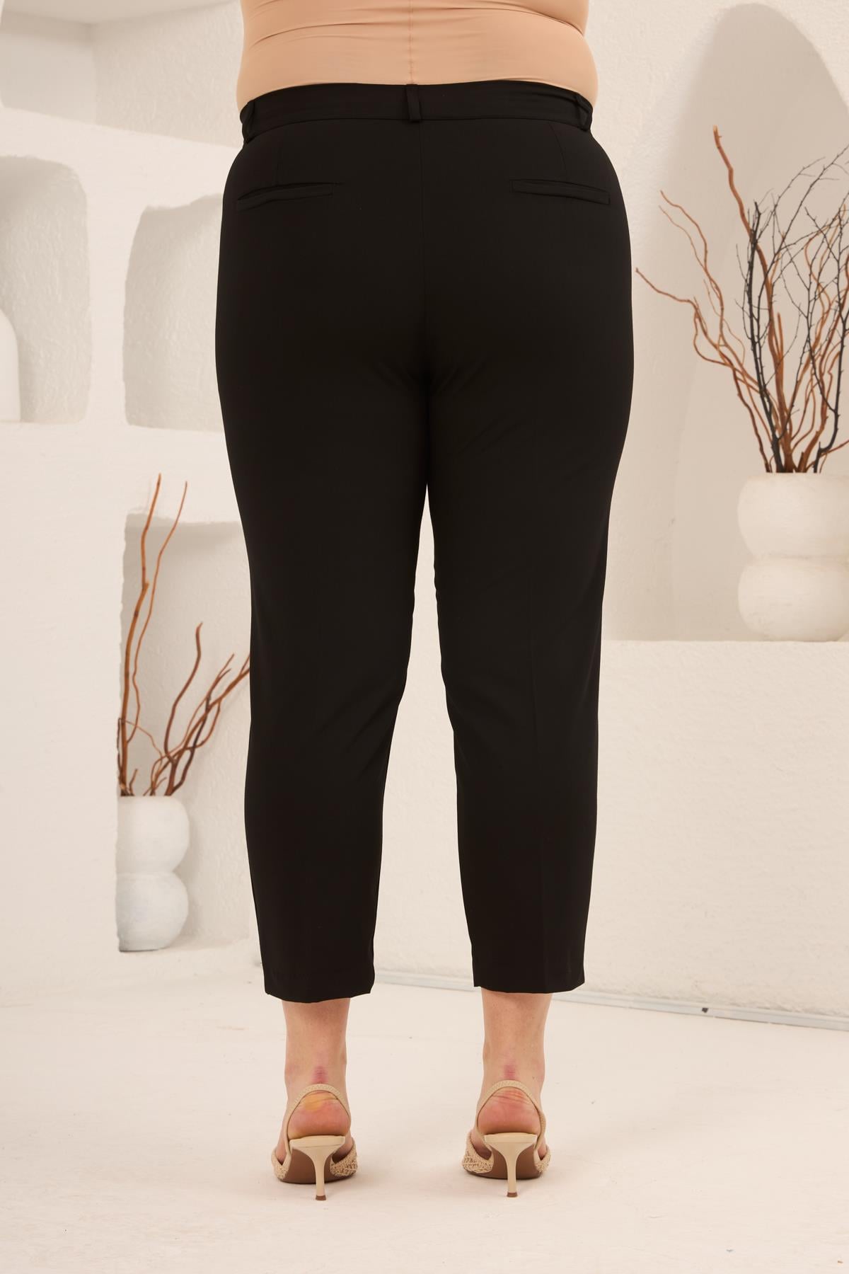 Paça Yırtmaçlı Büyük Beden Gabardin Pantolon Siyah