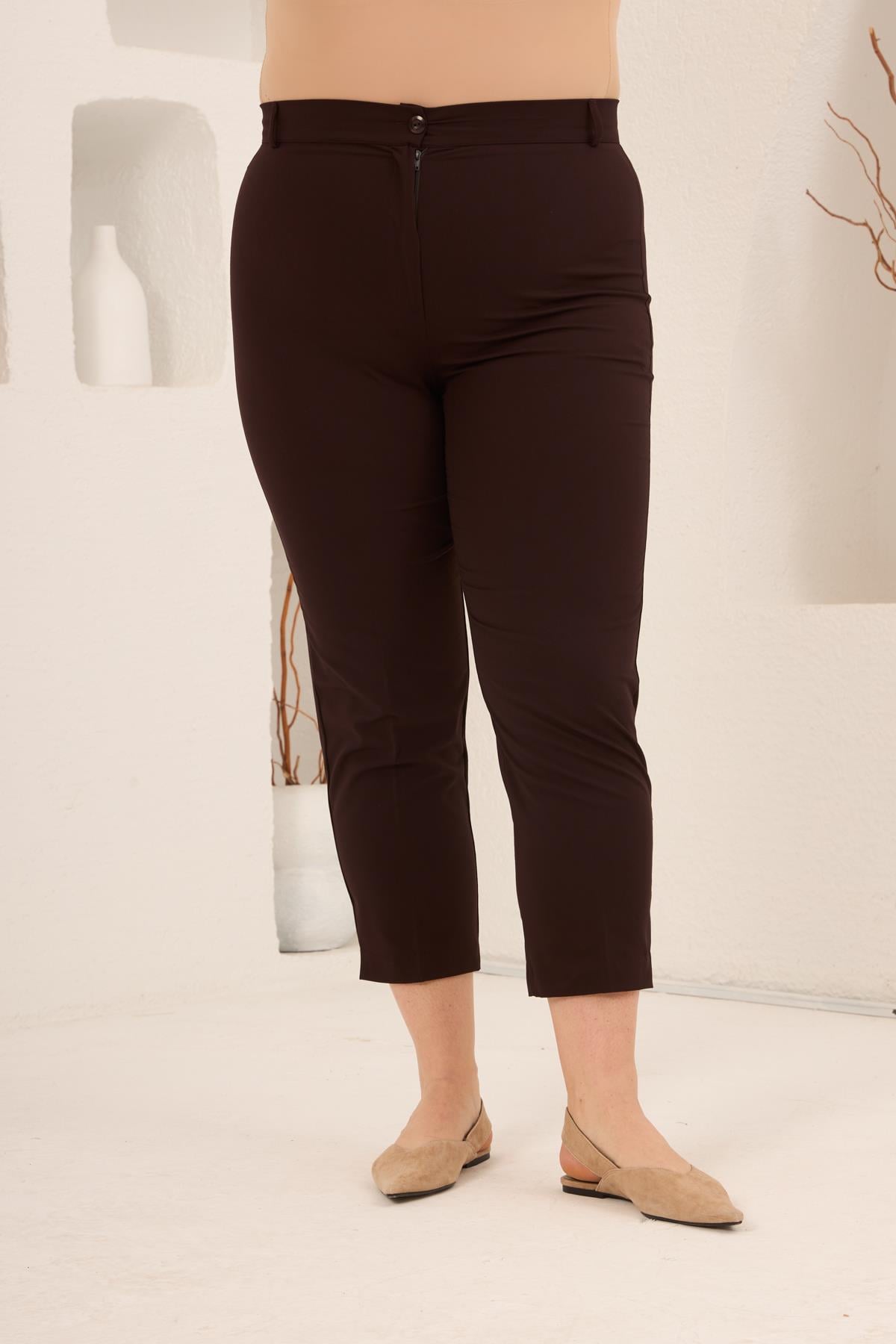 Paça Yırtmaçlı Büyük Beden Gabardin Pantolon Kahve