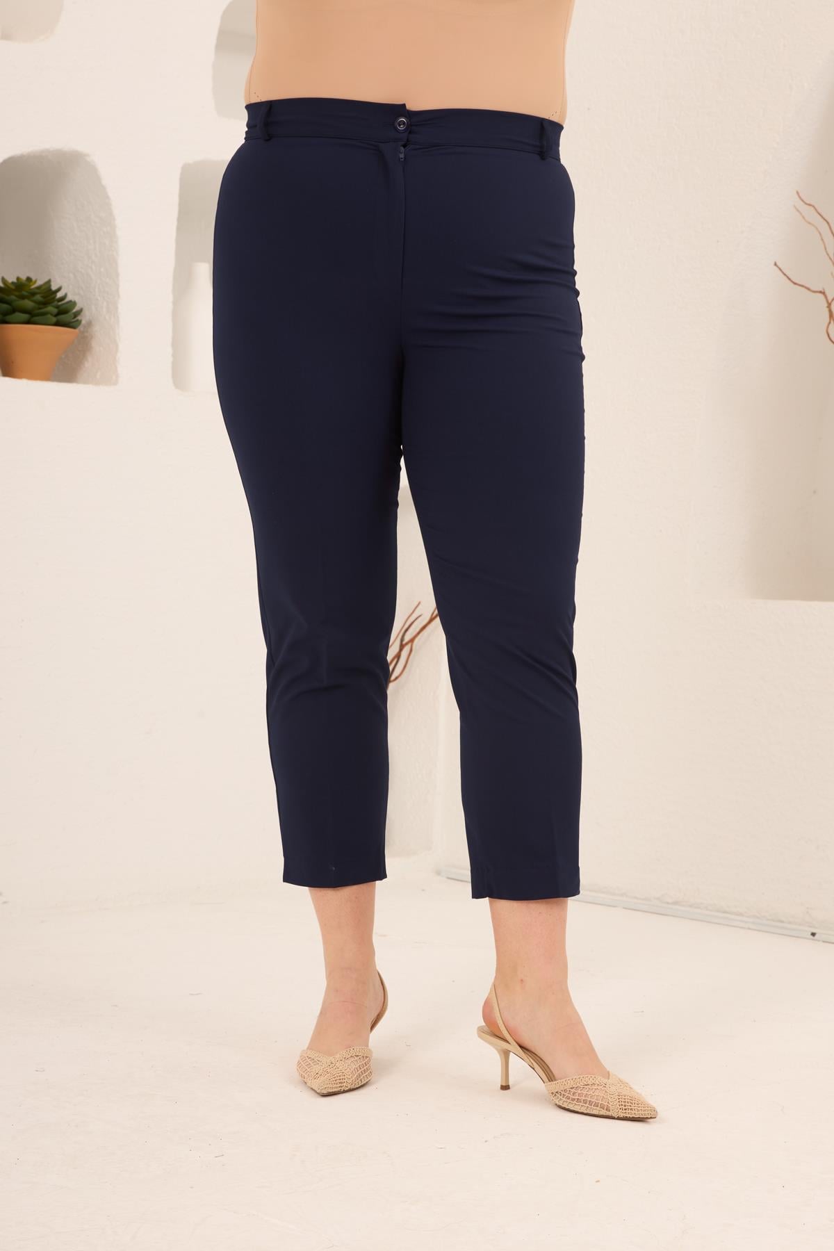 Paça Yırtmaçlı Büyük Beden Gabardin Pantolon Lacivert